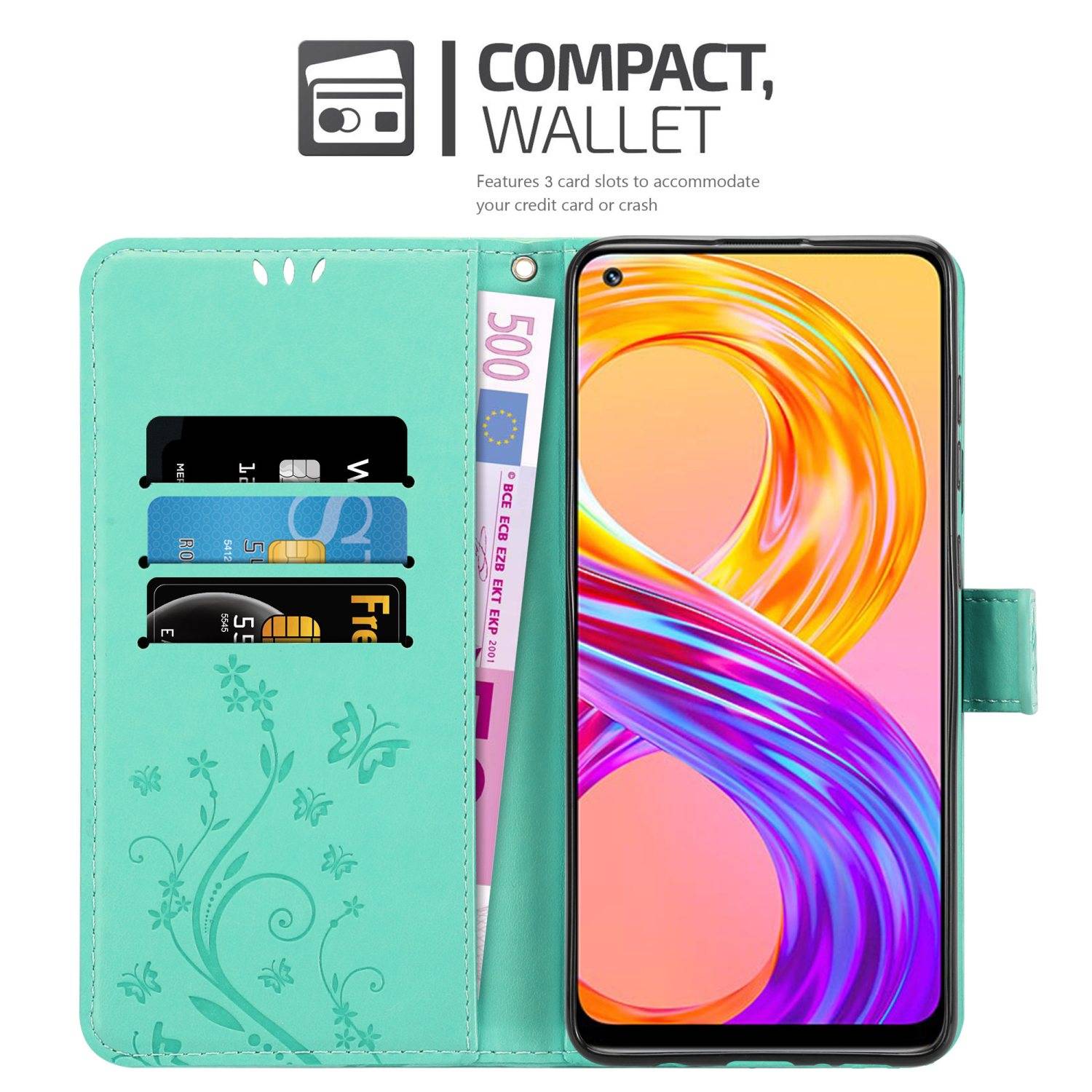 Cadorabo Hülle für Realme 8 4G / 8 PRO Schutz Hülle in Türkis Schutzhülle Handy Hülle Etui Case Blumen Flower