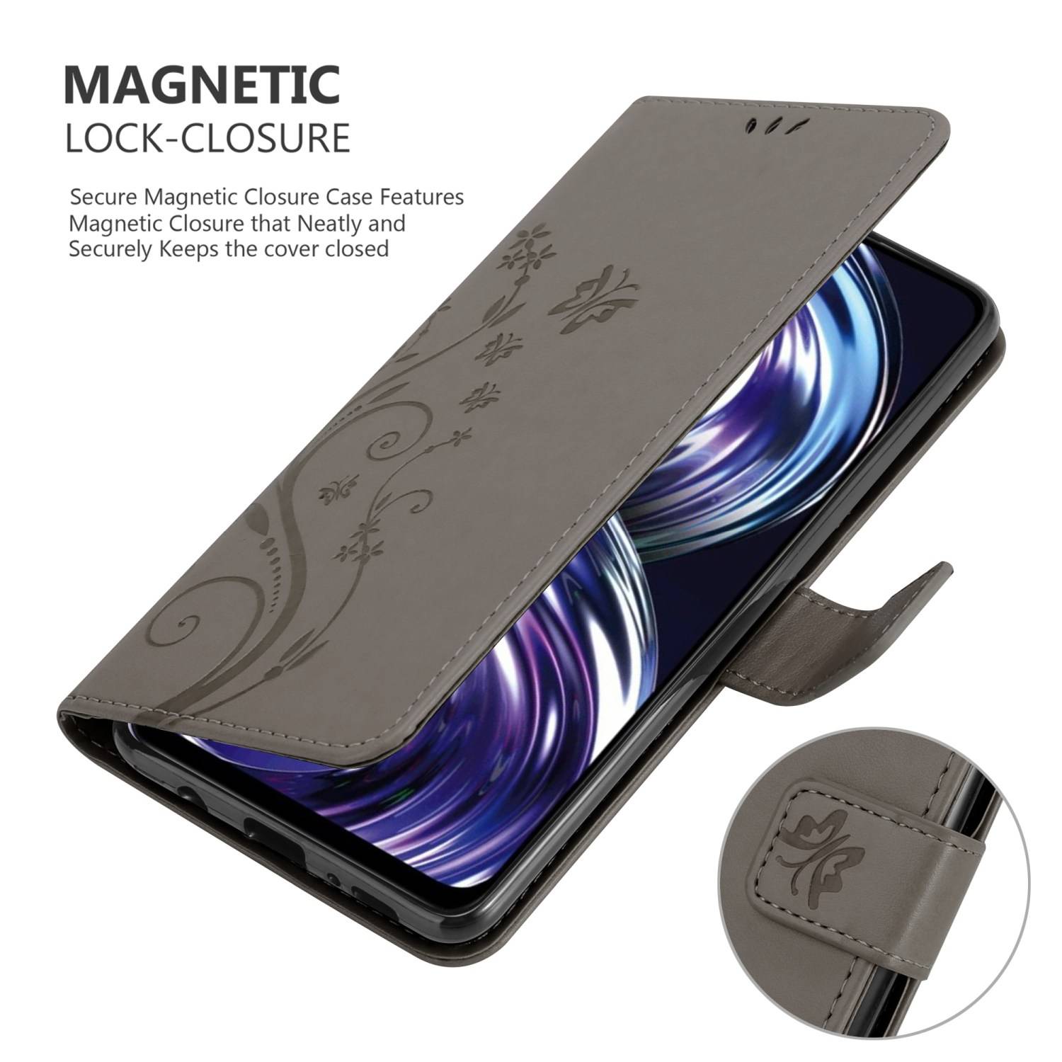 Cadorabo Hülle für Realme 8i / Narzo 50 4G Schutz Hülle in Grau Schutzhülle Handy Hülle Etui Case Blumen Flower