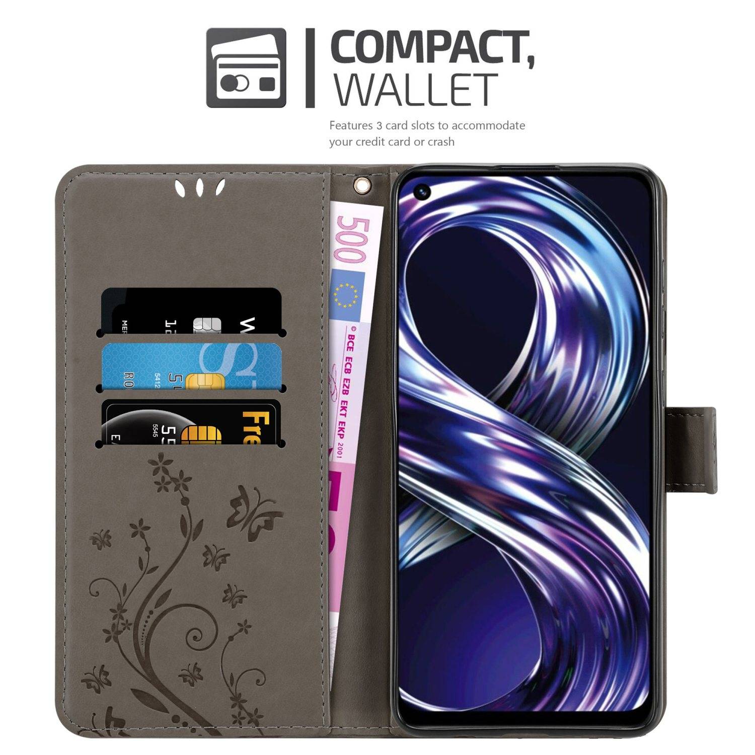 Cadorabo Hülle für Realme 8i / Narzo 50 4G Schutz Hülle in Grau Schutzhülle Handy Hülle Etui Case Blumen Flower