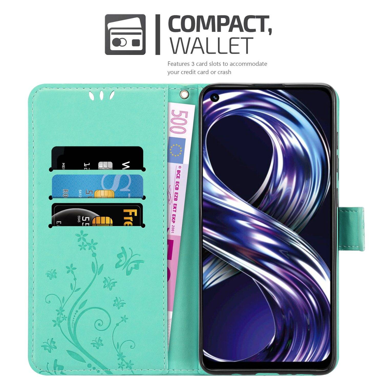 Cadorabo Hülle für Realme 8i / Narzo 50 4G Schutz Hülle in Türkis Schutzhülle Handy Hülle Etui Case Blumen Flower