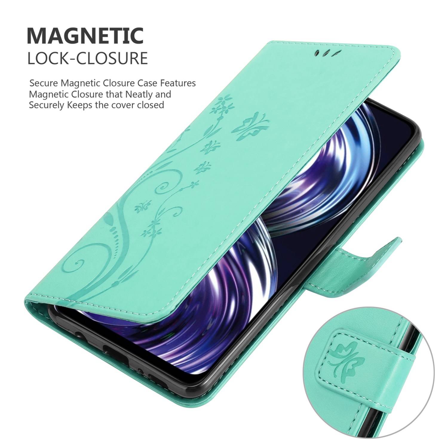 Cadorabo Hülle für Realme 8i / Narzo 50 4G Schutz Hülle in Türkis Schutzhülle Handy Hülle Etui Case Blumen Flower