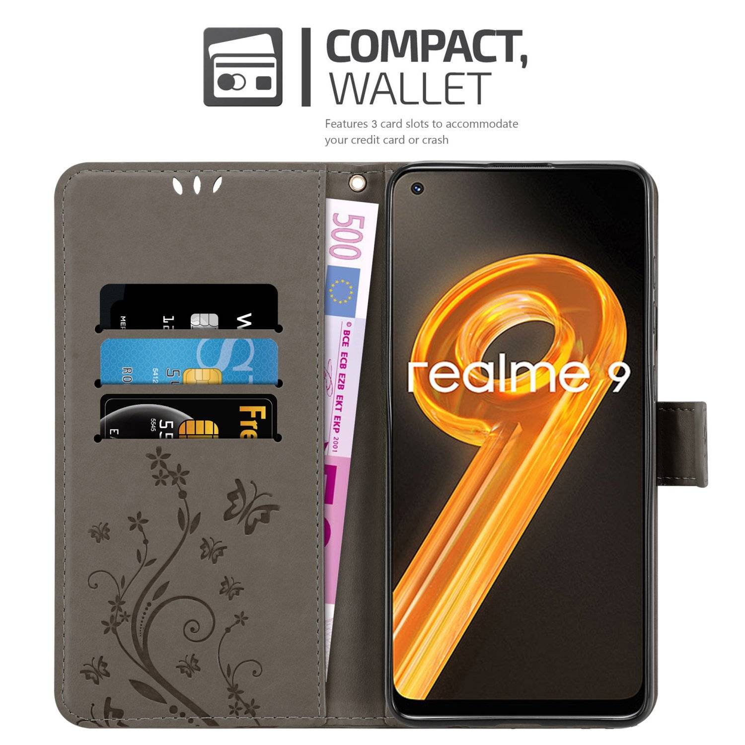 Cadorabo Hülle für Realme 9 4G / 9 PRO+ Schutz Hülle in Grau Schutzhülle Handy Hülle Etui Case Blumen Flower