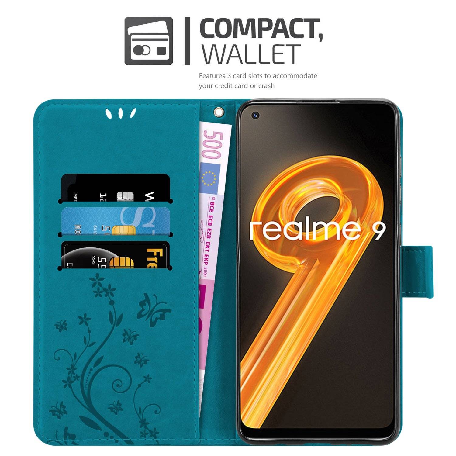 Cadorabo Hülle für Realme 9 4G / 9 PRO+ Schutz Hülle in Blau Schutzhülle Handy Hülle Etui Case Blumen Flower