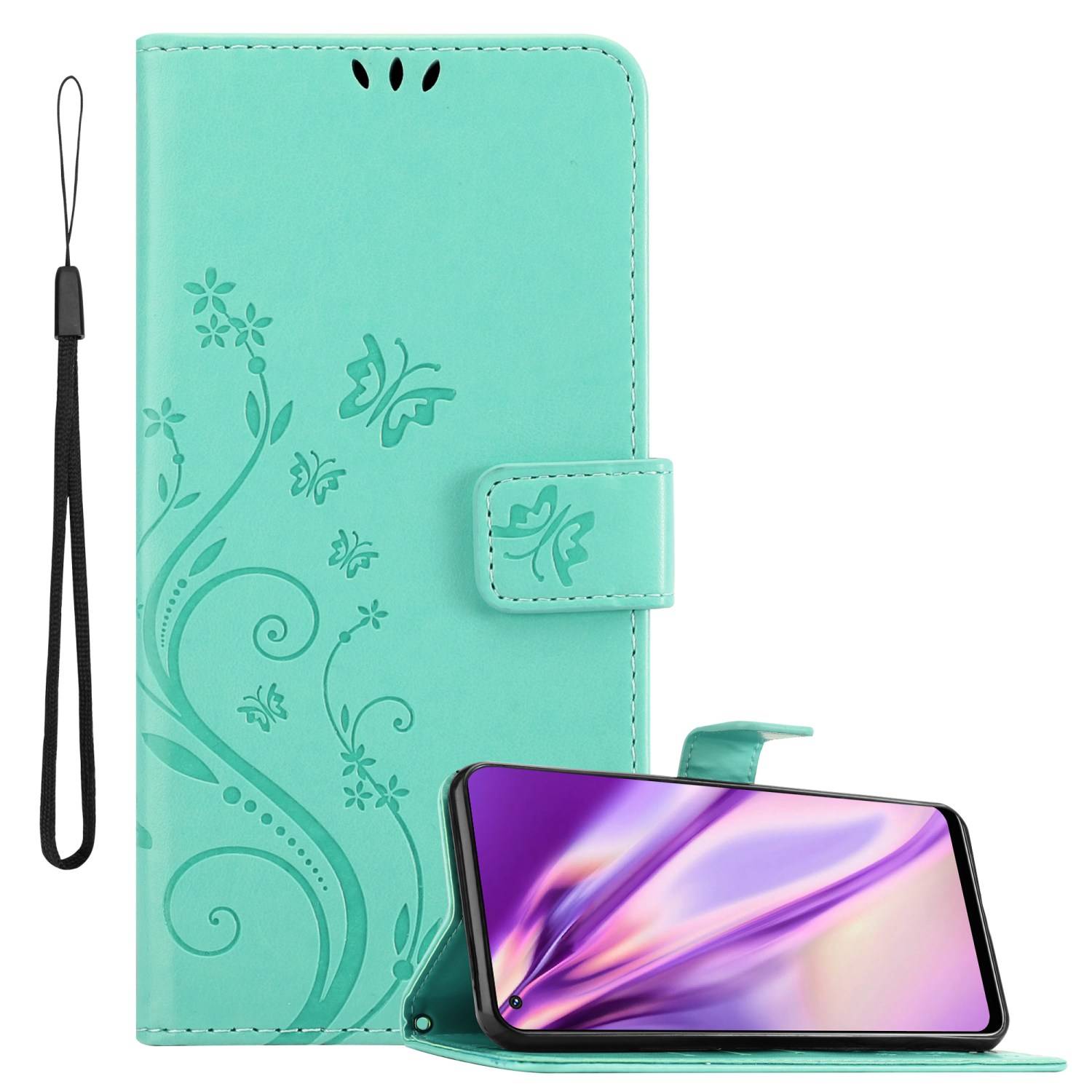 Cadorabo Hülle für Realme 9 4G / 9 PRO+ Schutz Hülle in Türkis Schutzhülle Handy Hülle Etui Case Blumen Flower