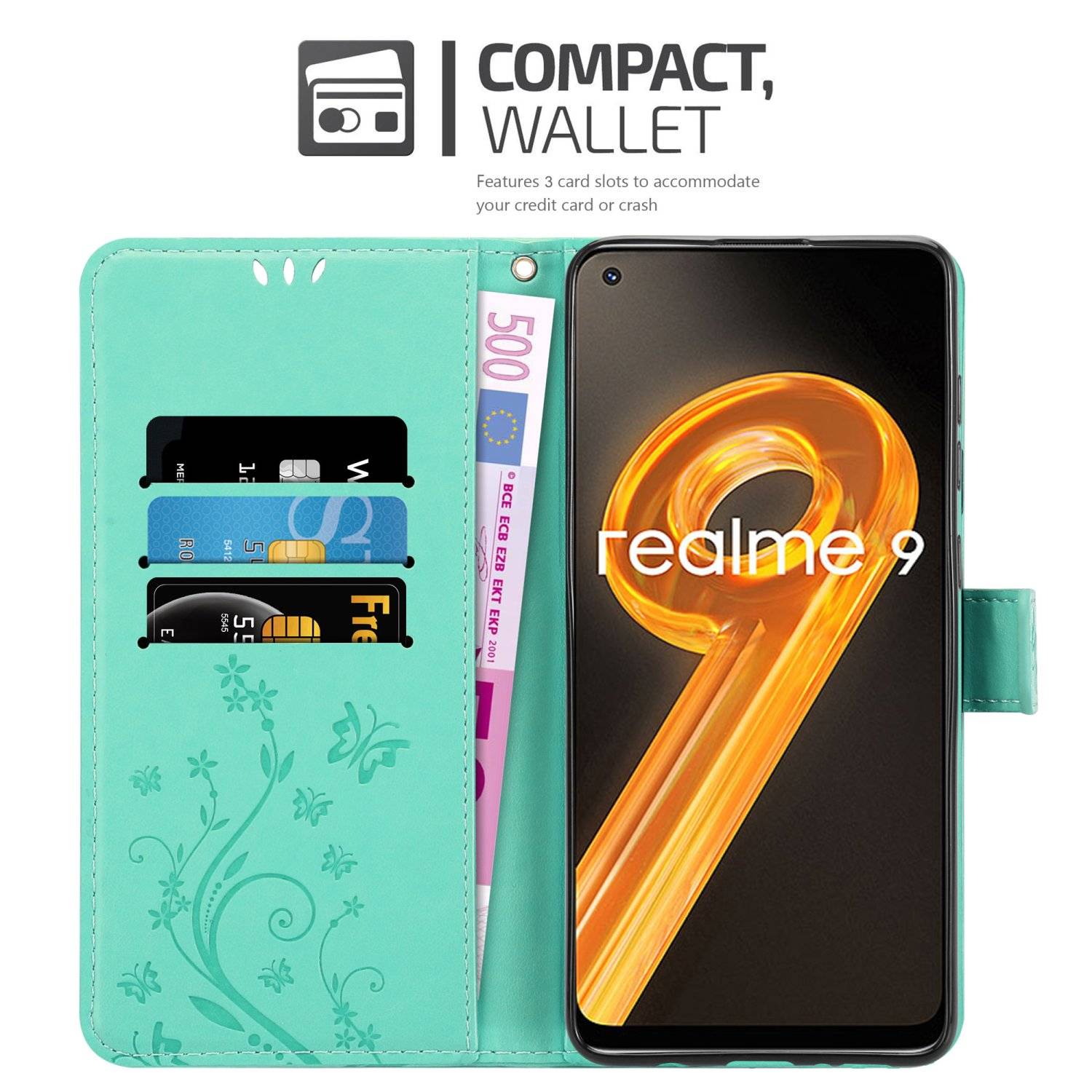 Cadorabo Hülle für Realme 9 4G / 9 PRO+ Schutz Hülle in Türkis Schutzhülle Handy Hülle Etui Case Blumen Flower