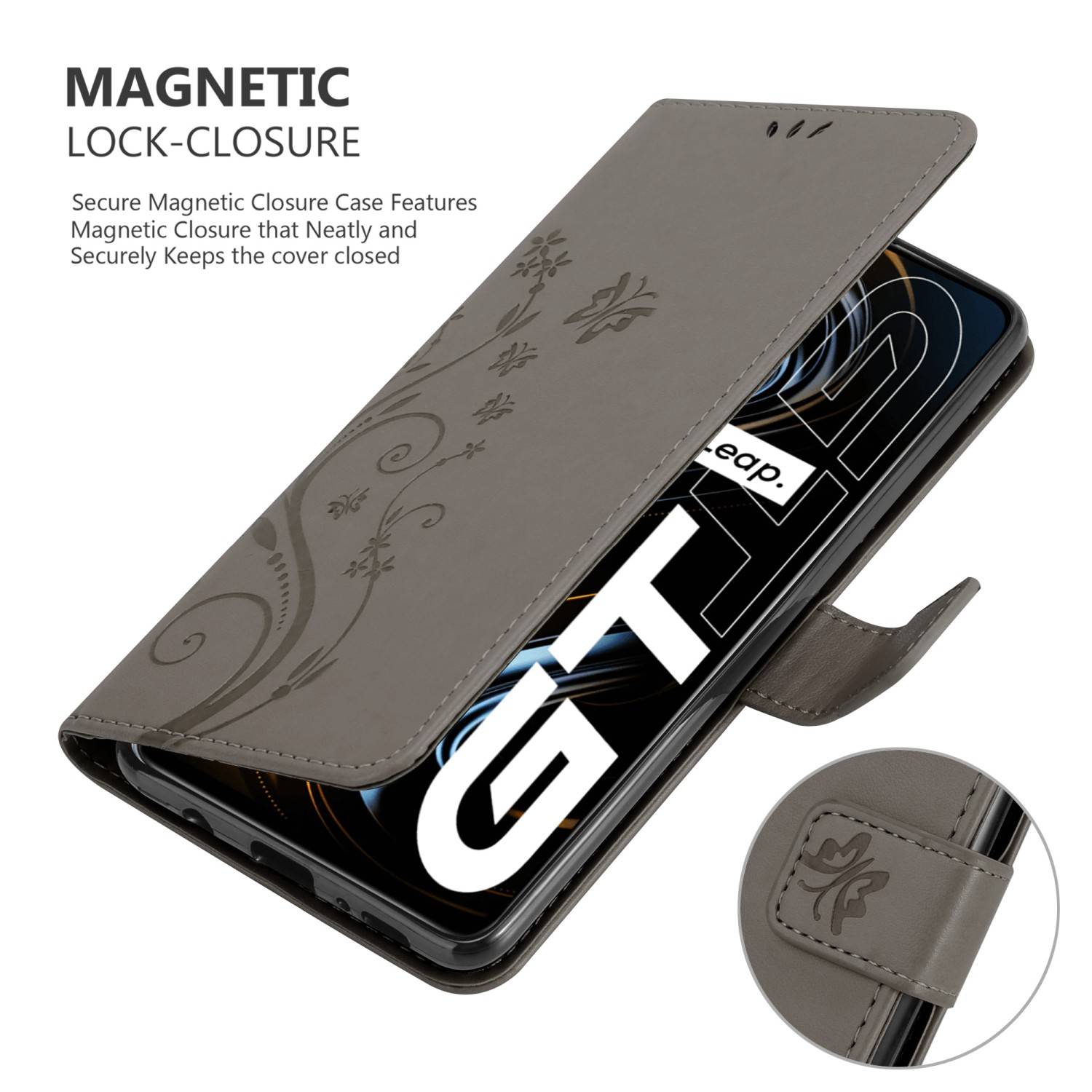 Cadorabo Hülle für Realme GT / GT Neo 2T / Q3 PRO Schutz Hülle in Grau Schutzhülle Handy Hülle Etui Case Blumen Flower
