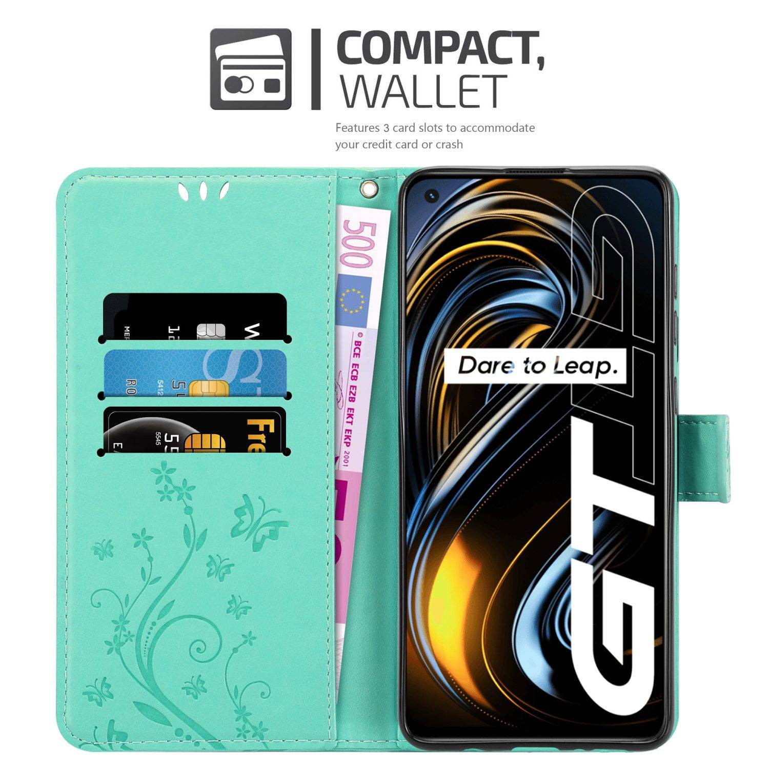 Cadorabo Hülle für Realme GT / GT Neo 2T / Q3 PRO Schutz Hülle in Türkis Schutzhülle Handy Hülle Etui Case Blumen Flower