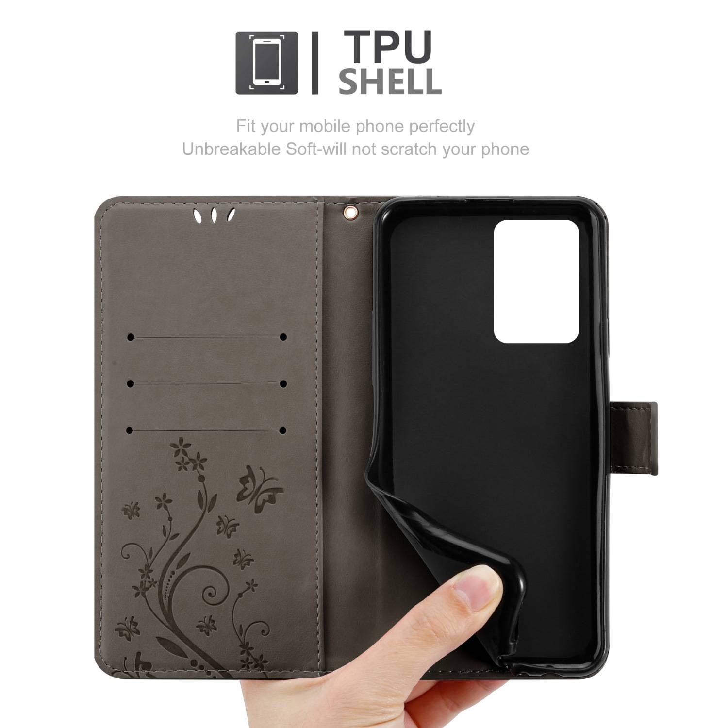 Cadorabo Hülle für Realme GT 2 PRO Schutz Hülle in Grau Schutzhülle Handy Hülle Etui Case Blumen Flower