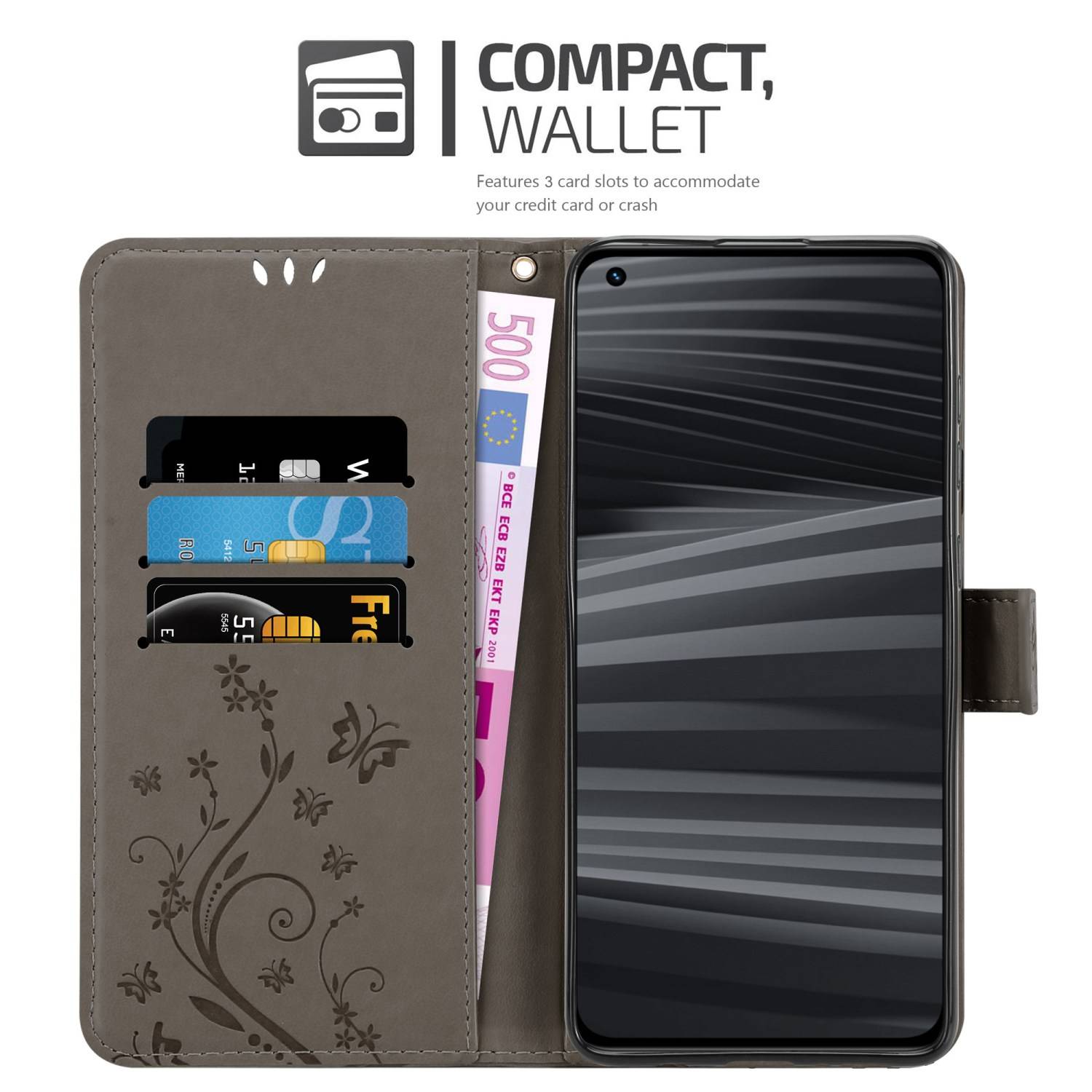 Cadorabo Hülle für Realme GT 2 PRO Schutz Hülle in Grau Schutzhülle Handy Hülle Etui Case Blumen Flower