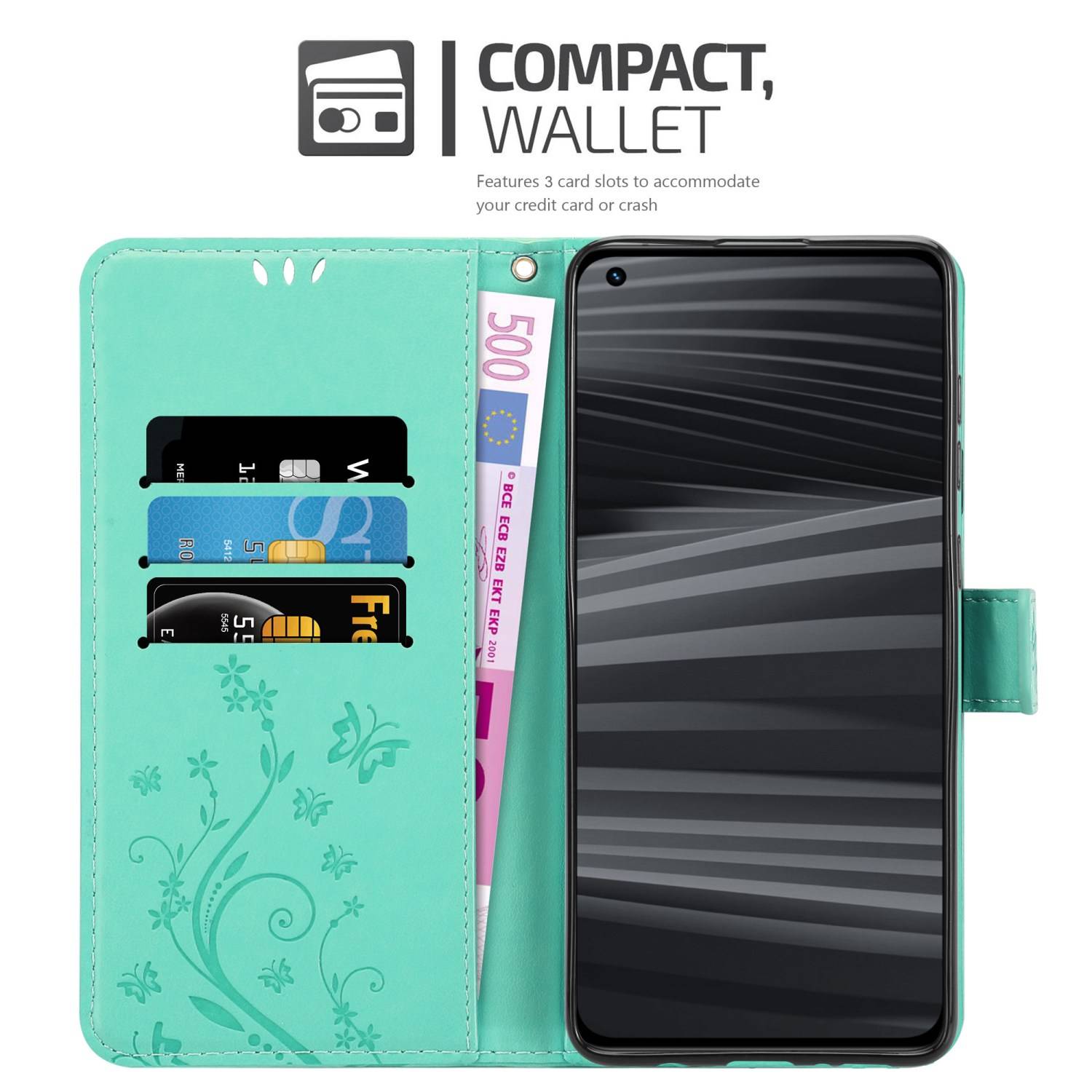 Cadorabo Hülle für Realme GT 2 PRO Schutz Hülle in Türkis Schutzhülle Handy Hülle Etui Case Blumen Flower