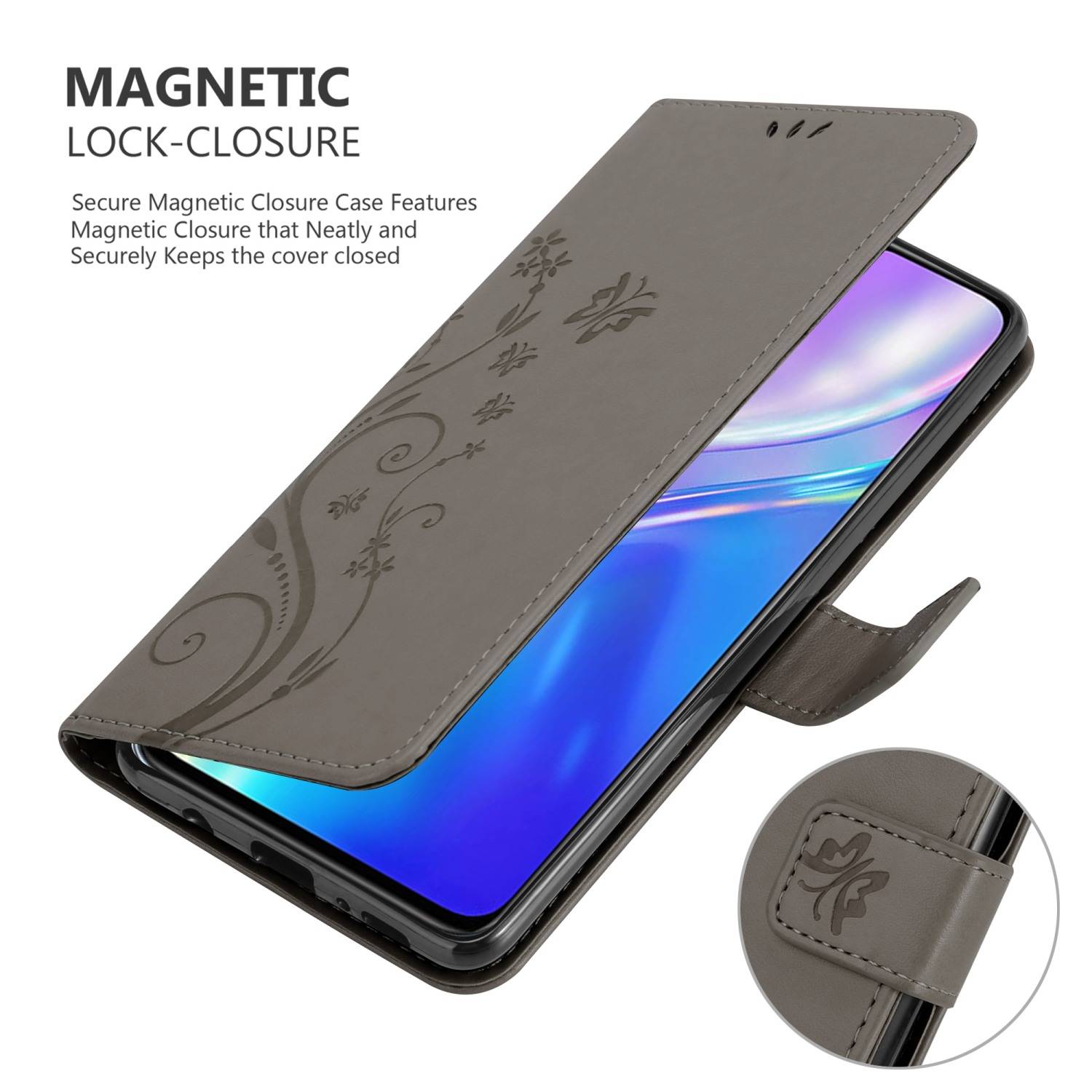 Cadorabo Hülle für Realme X2 / XT / Oppo K5 Schutz Hülle in Grau Schutzhülle Handy Hülle Etui Case Blumen Flower