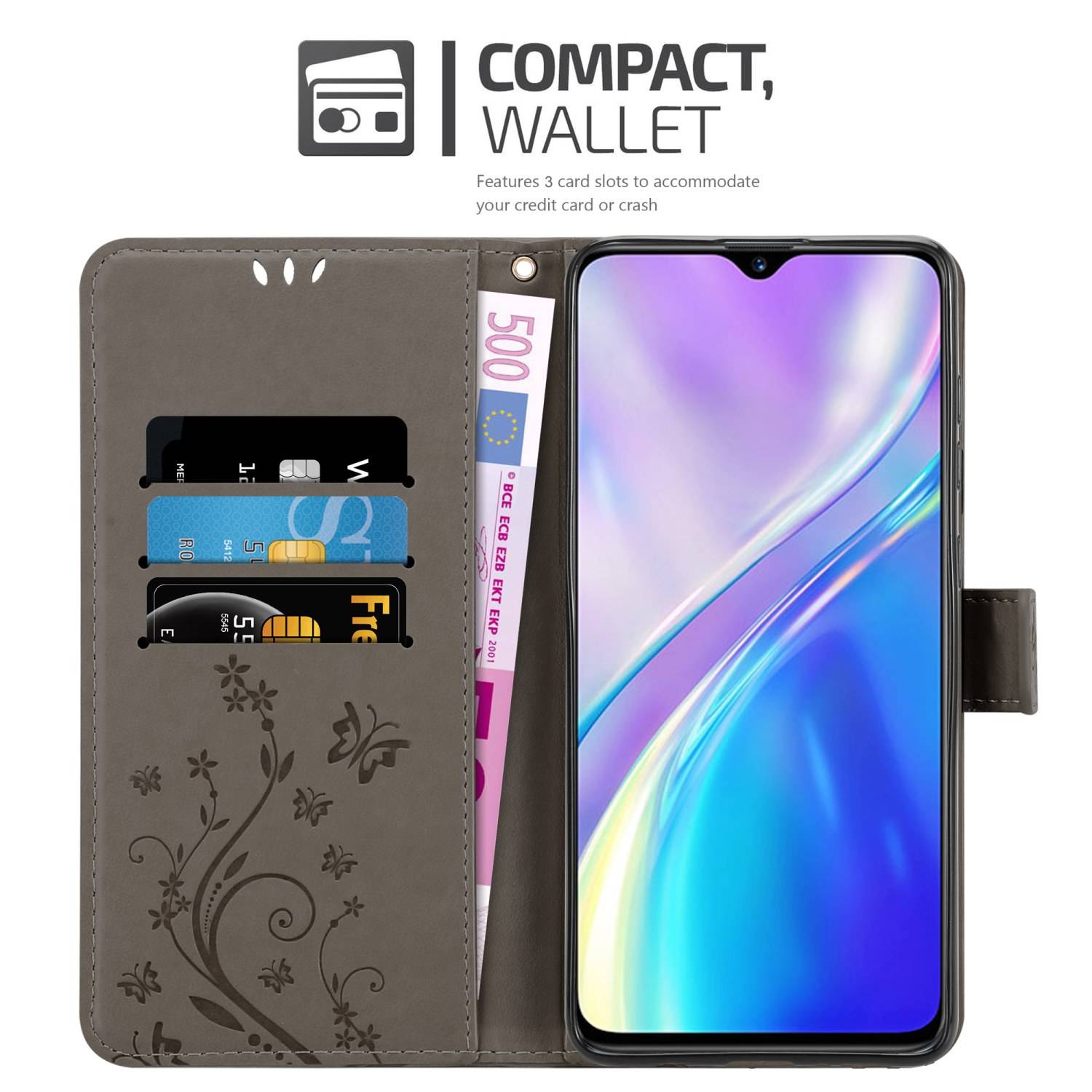 Cadorabo Hülle für Realme X2 / XT / Oppo K5 Schutz Hülle in Grau Schutzhülle Handy Hülle Etui Case Blumen Flower
