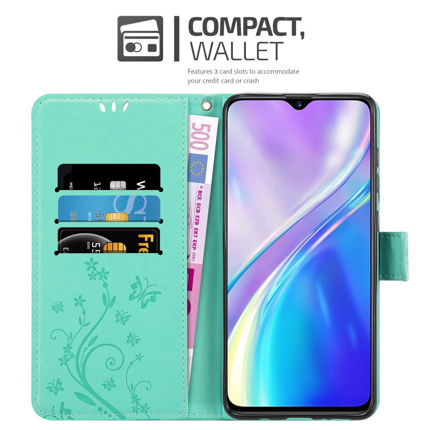 Cadorabo Hülle für Realme X2 / XT / Oppo K5 Schutz Hülle in Türkis Schutzhülle Handy Hülle Etui Case Blumen Flower