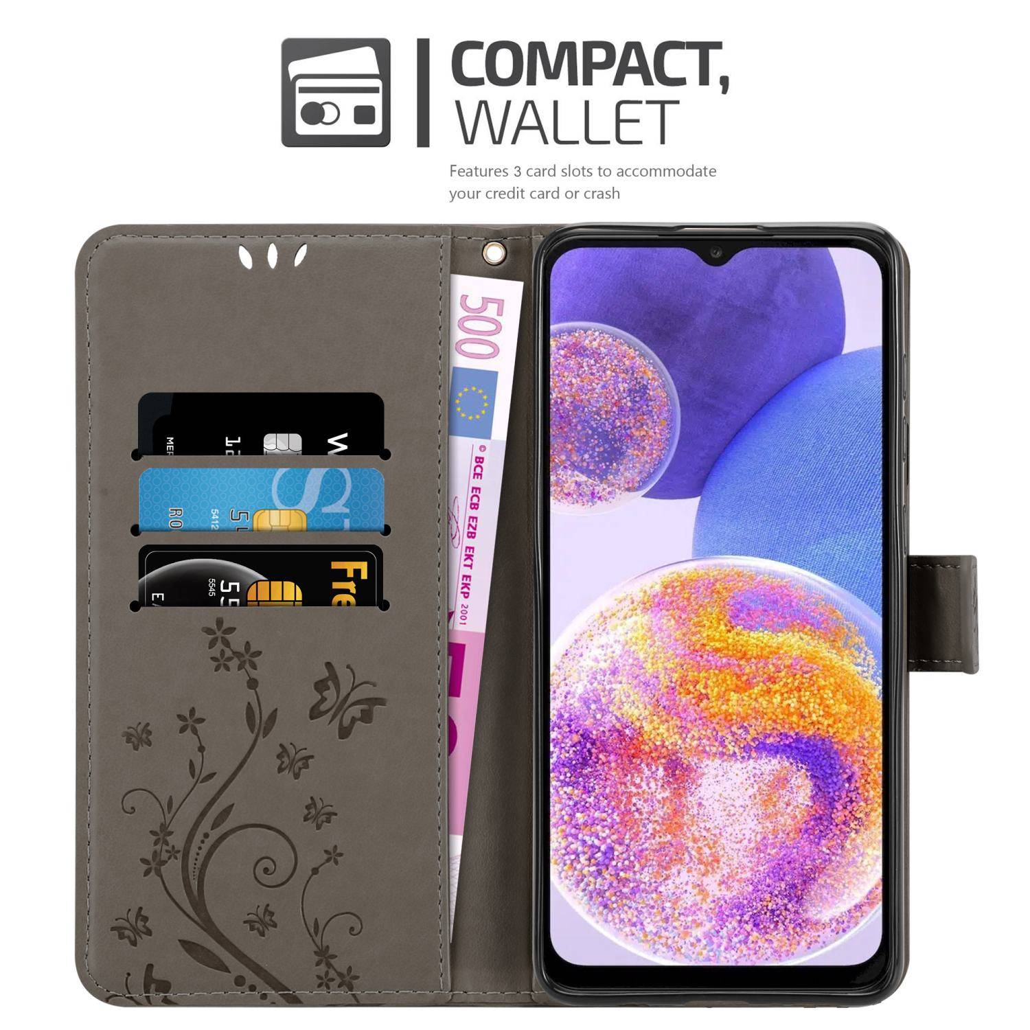 Cadorabo Hülle für Samsung Galaxy A23 4G Schutz Hülle in Grau Schutzhülle Handy Hülle Etui Case Blumen Flower