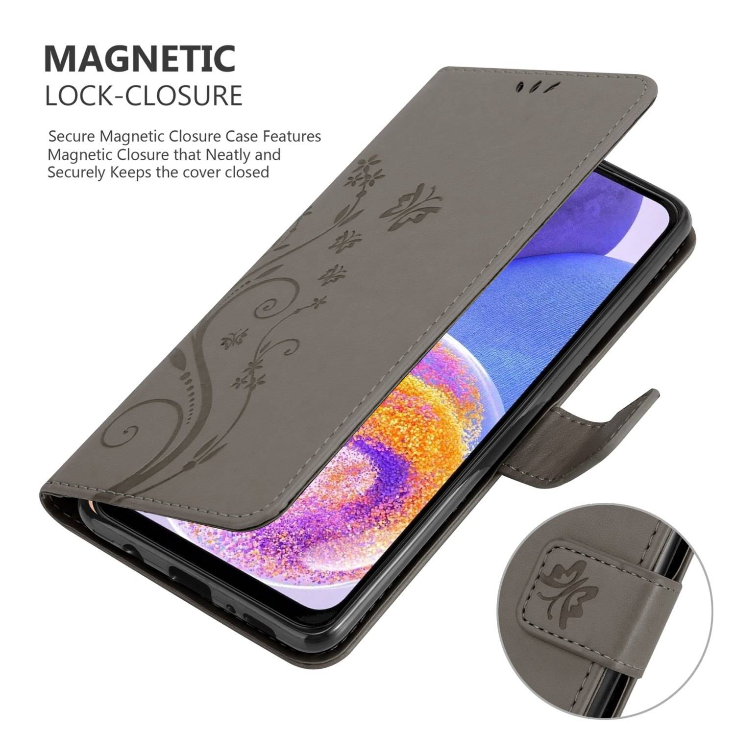 Cadorabo Hülle für Samsung Galaxy A23 4G Schutz Hülle in Grau Schutzhülle Handy Hülle Etui Case Blumen Flower