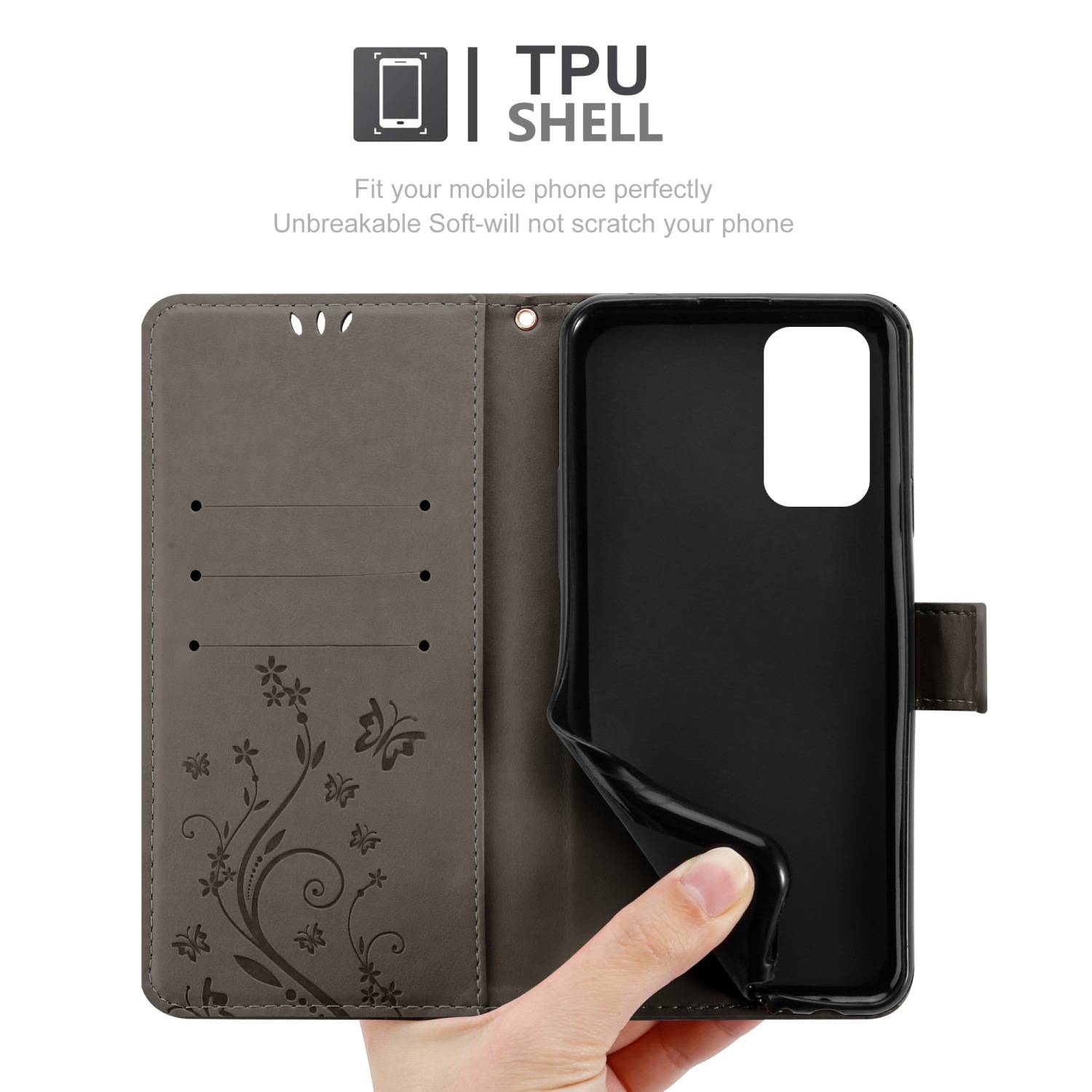 Cadorabo Hülle für Samsung Galaxy A23 4G Schutz Hülle in Grau Schutzhülle Handy Hülle Etui Case Blumen Flower