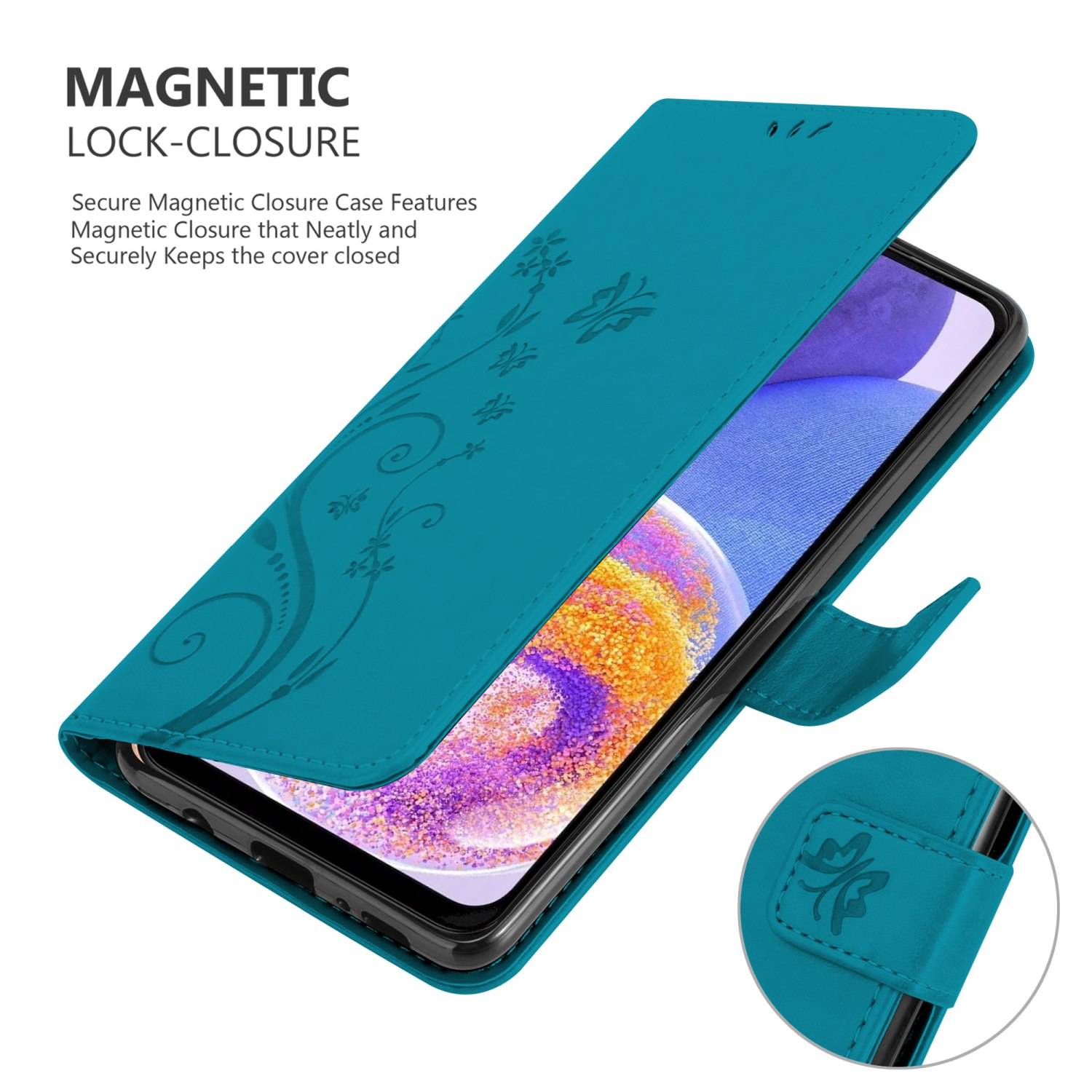Cadorabo Hülle für Samsung Galaxy A23 4G Schutz Hülle in Blau Schutzhülle Handy Hülle Etui Case Blumen Flower