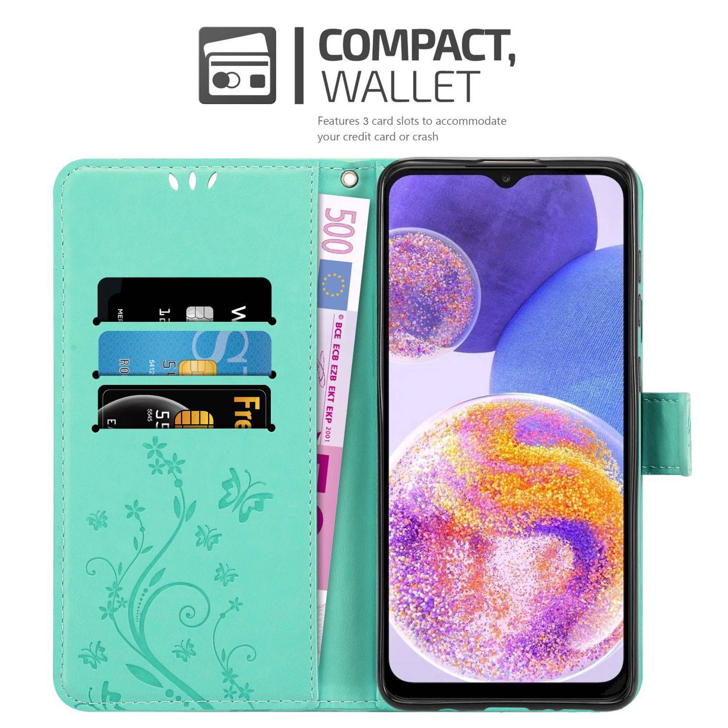 Cadorabo Hülle für Samsung Galaxy A23 4G Schutz Hülle in Türkis Schutzhülle Handy Hülle Etui Case Blumen Flower