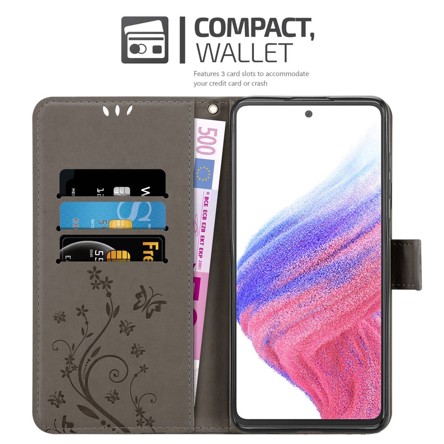 Cadorabo Hülle für Samsung Galaxy A53 5G Schutz Hülle in Grau Schutzhülle Handy Hülle Etui Case Blumen Flower