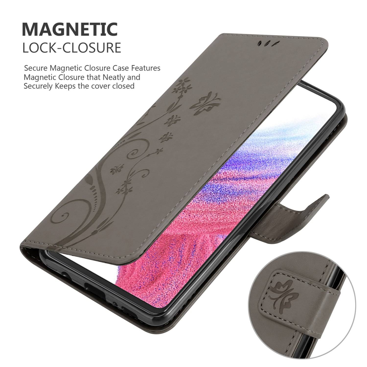 Cadorabo Hülle für Samsung Galaxy A53 5G Schutz Hülle in Grau Schutzhülle Handy Hülle Etui Case Blumen Flower