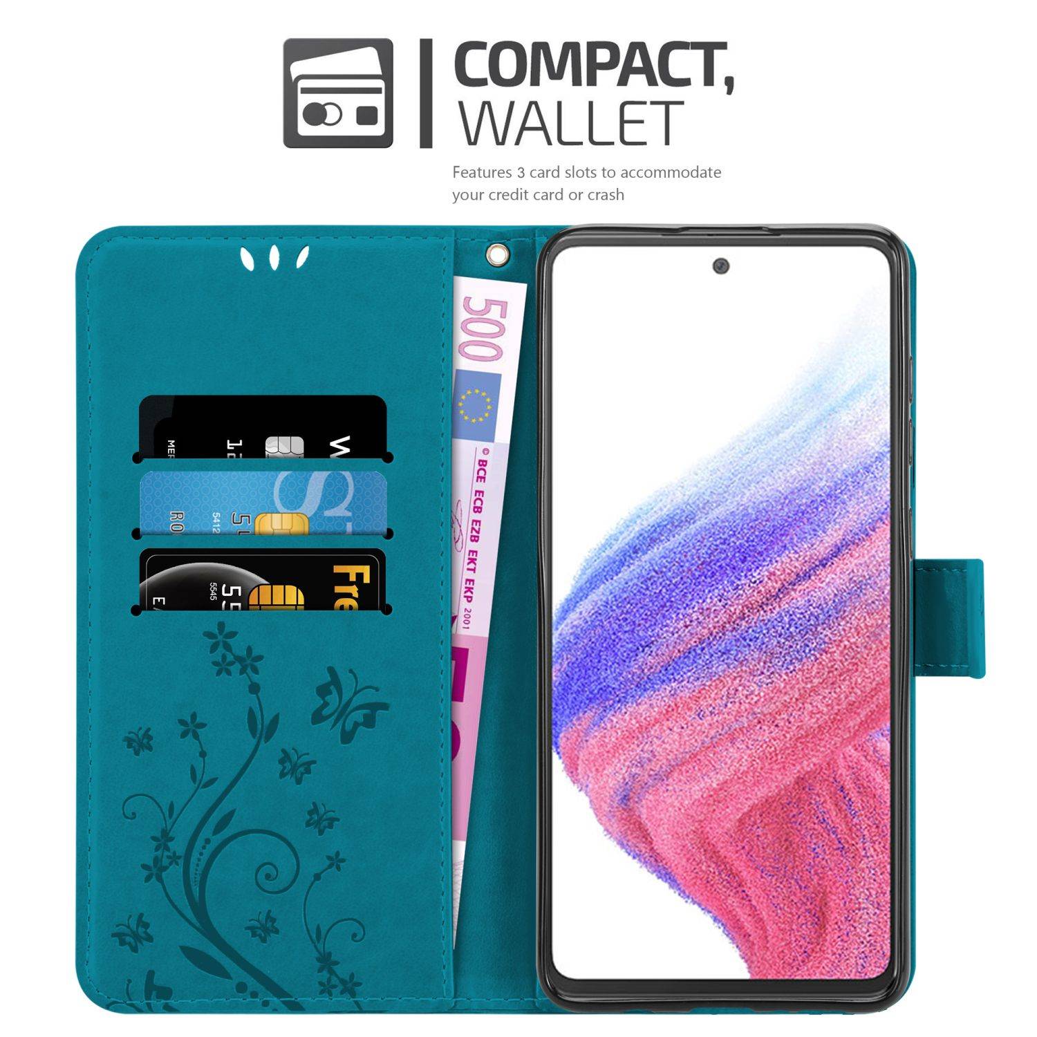 Cadorabo Hülle für Samsung Galaxy A53 5G Schutz Hülle in Blau Schutzhülle Handy Hülle Etui Case Blumen Flower