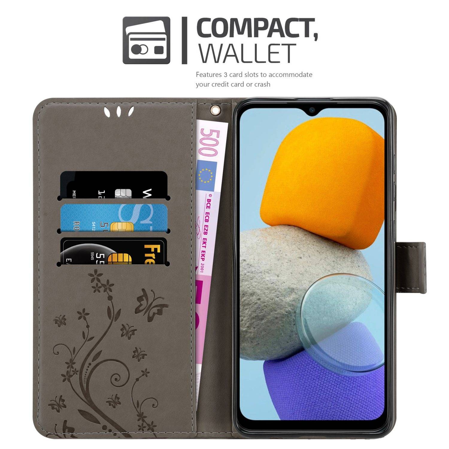 Cadorabo Hülle für Samsung Galaxy M23 5G Schutz Hülle in Grau Schutzhülle Handy Hülle Etui Case Blumen Flower