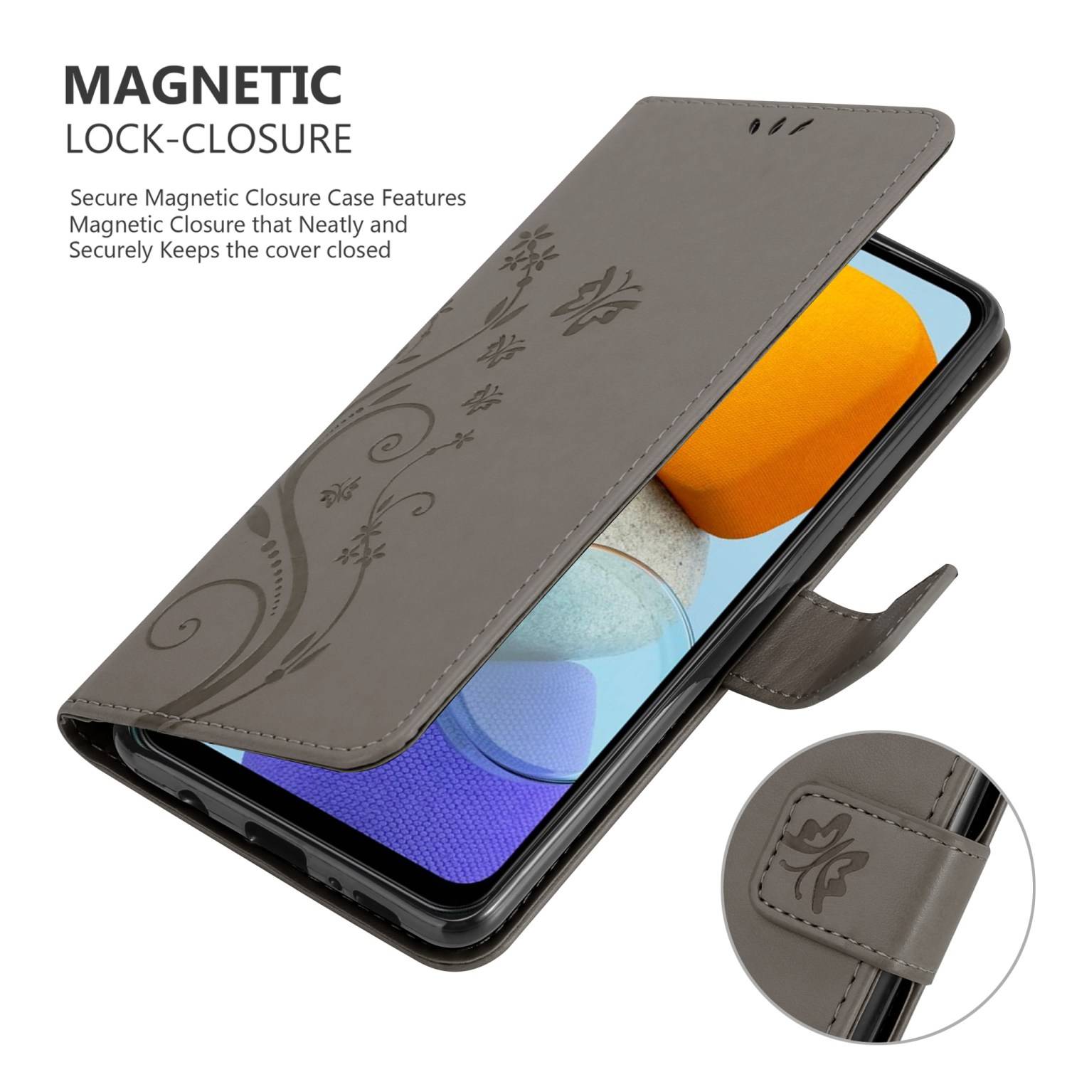 Cadorabo Hülle für Samsung Galaxy M23 5G Schutz Hülle in Grau Schutzhülle Handy Hülle Etui Case Blumen Flower