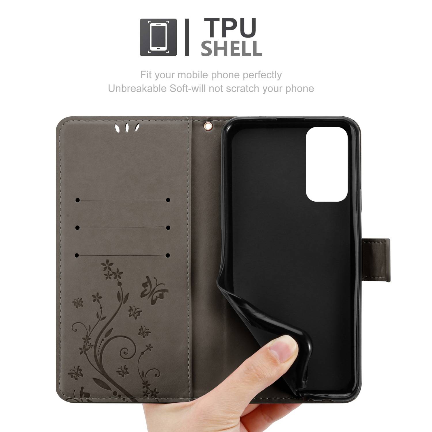 Cadorabo Hülle für Samsung Galaxy M23 5G Schutz Hülle in Grau Schutzhülle Handy Hülle Etui Case Blumen Flower
