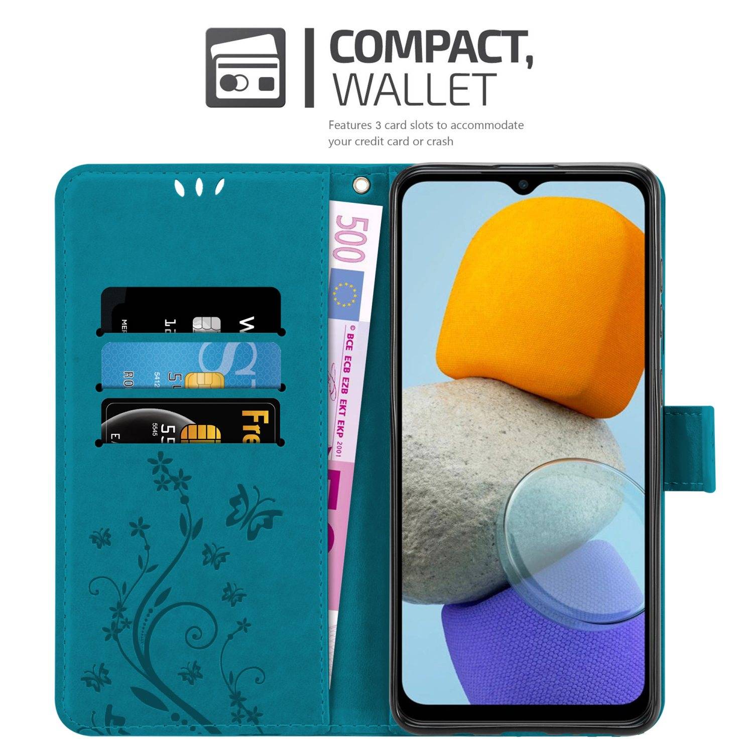 Cadorabo Hülle für Samsung Galaxy M23 5G Schutz Hülle in Blau Schutzhülle Handy Hülle Etui Case Blumen Flower