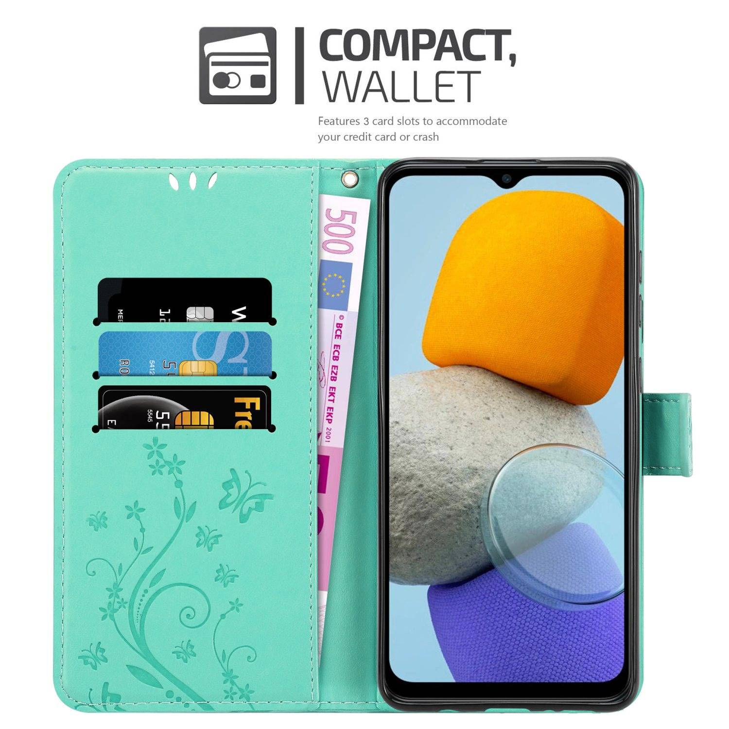 Cadorabo Hülle für Samsung Galaxy M23 5G Schutz Hülle in Türkis Schutzhülle Handy Hülle Etui Case Blumen Flower