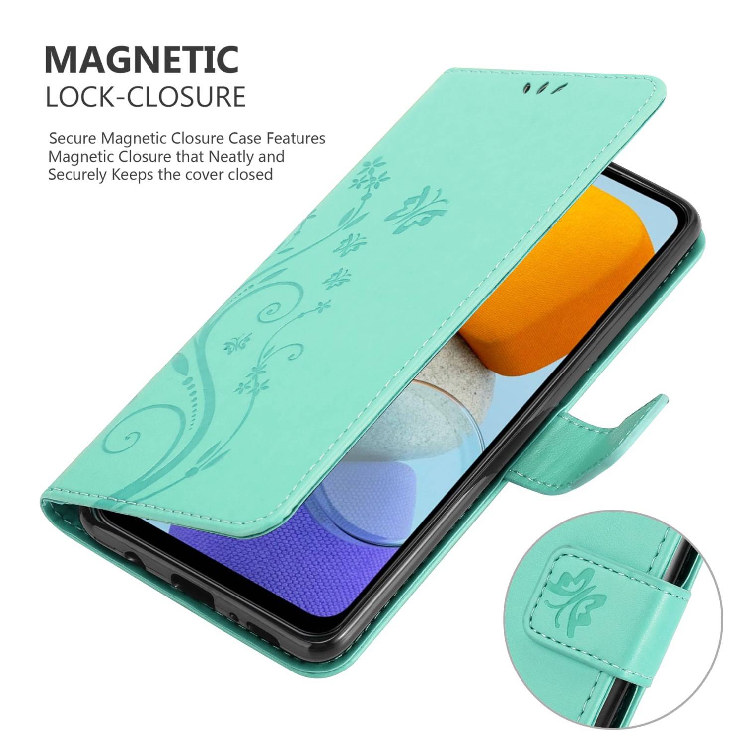 Cadorabo Hülle für Samsung Galaxy M23 5G Schutz Hülle in Türkis Schutzhülle Handy Hülle Etui Case Blumen Flower