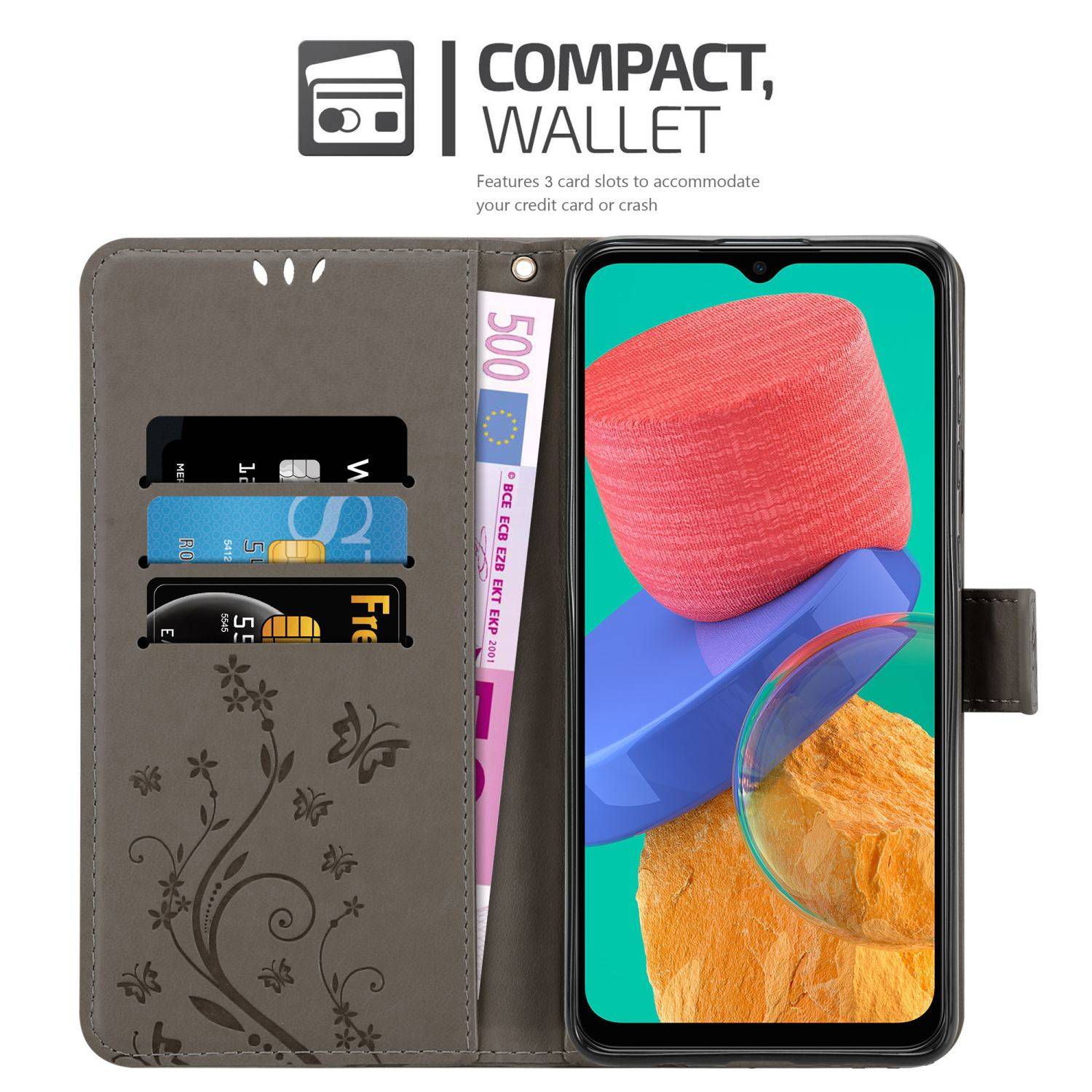 Cadorabo Hülle für Samsung Galaxy M33 5G Schutz Hülle in Grau Schutzhülle Handy Hülle Etui Case Blumen Flower