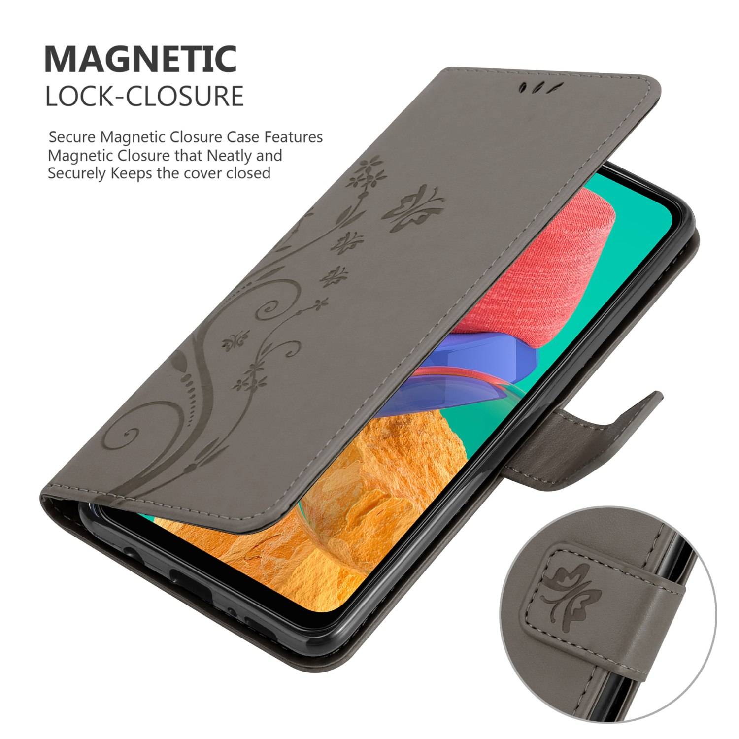 Cadorabo Hülle für Samsung Galaxy M33 5G Schutz Hülle in Grau Schutzhülle Handy Hülle Etui Case Blumen Flower