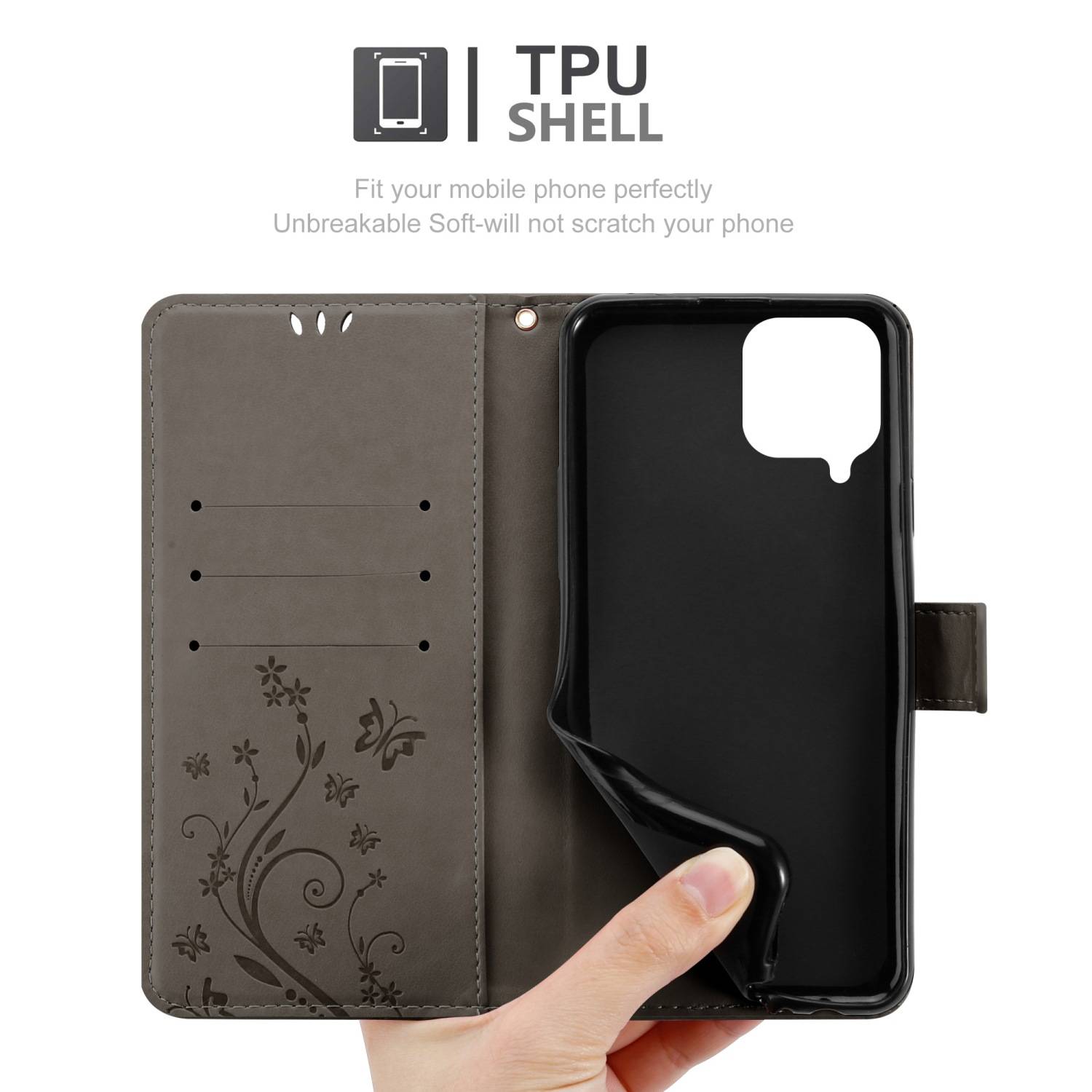 Cadorabo Hülle für Samsung Galaxy M33 5G Schutz Hülle in Grau Schutzhülle Handy Hülle Etui Case Blumen Flower