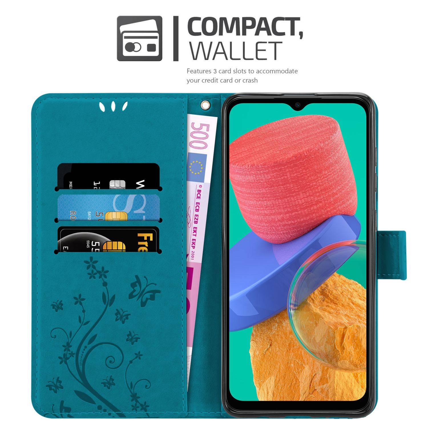 Cadorabo Hülle für Samsung Galaxy M33 5G Schutz Hülle in Blau Schutzhülle Handy Hülle Etui Case Blumen Flower