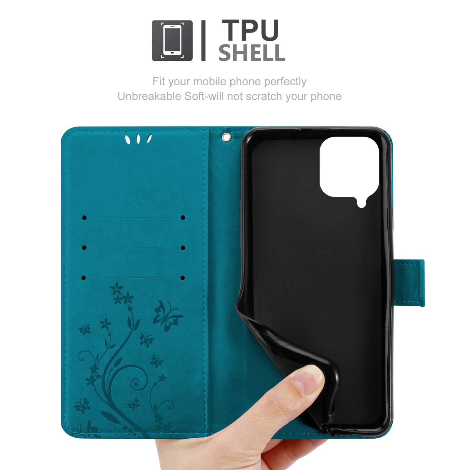 Cadorabo Hülle für Samsung Galaxy M33 5G Schutz Hülle in Blau Schutzhülle Handy Hülle Etui Case Blumen Flower