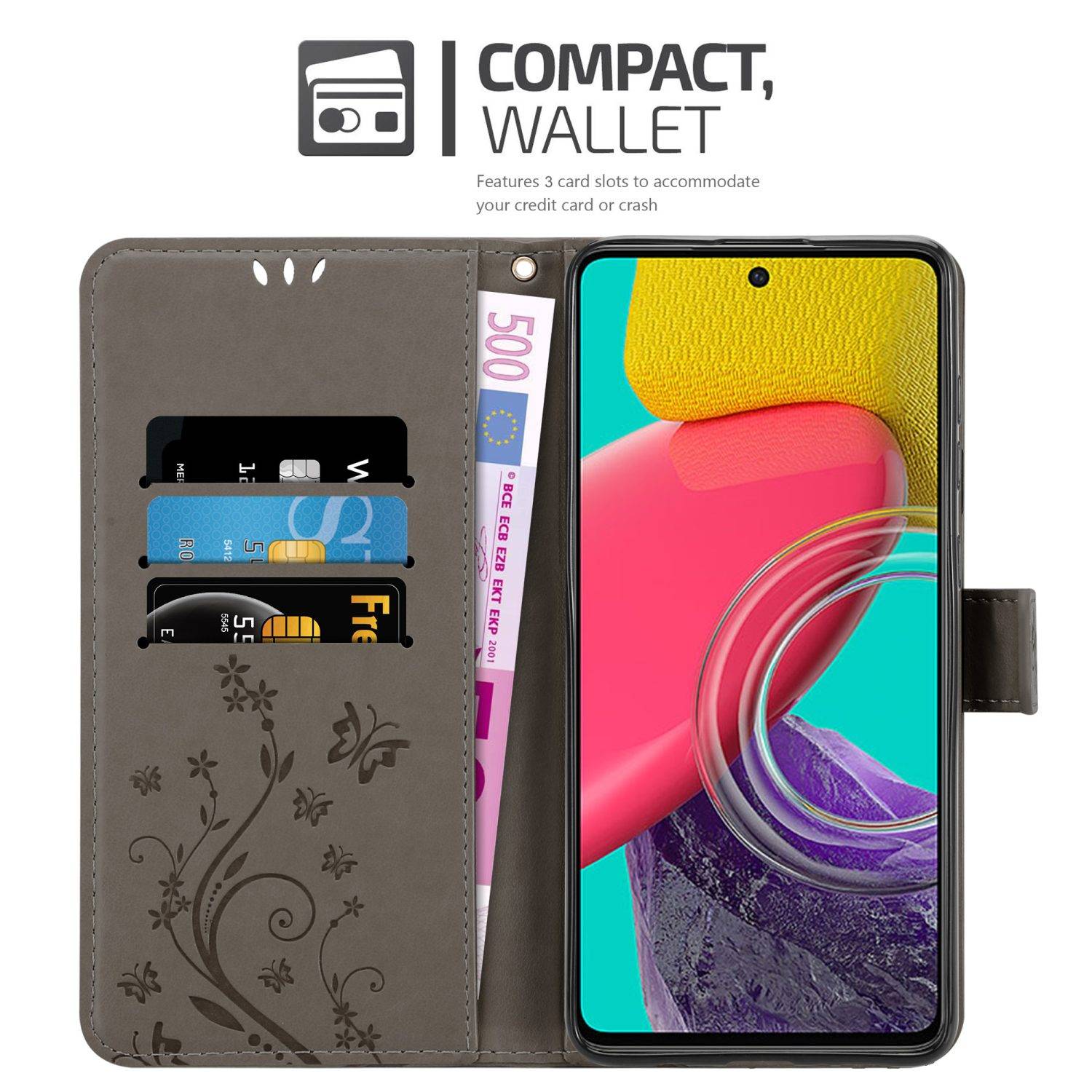Cadorabo Hülle für Samsung Galaxy M53 5G Schutz Hülle in Grau Schutzhülle Handy Hülle Etui Case Blumen Flower