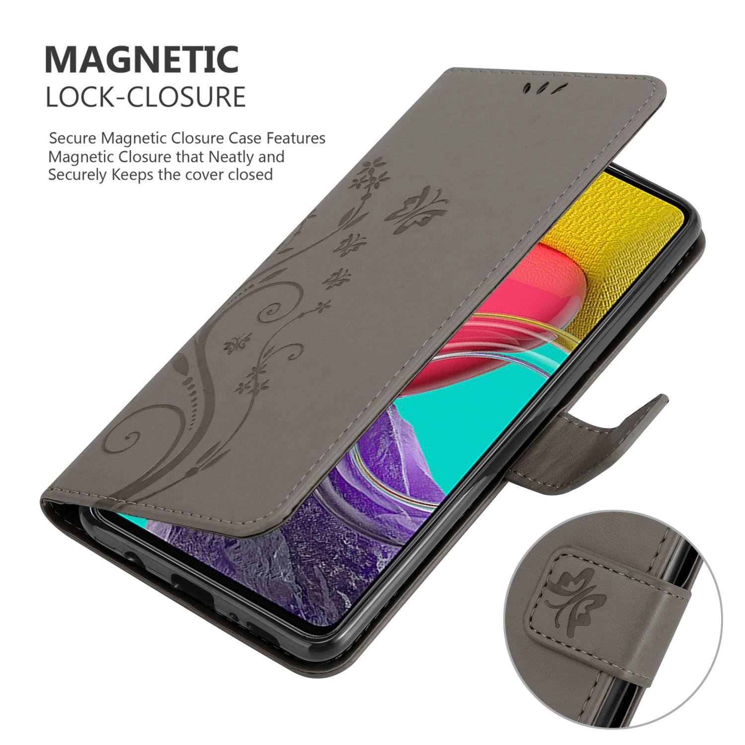 Cadorabo Hülle für Samsung Galaxy M53 5G Schutz Hülle in Grau Schutzhülle Handy Hülle Etui Case Blumen Flower