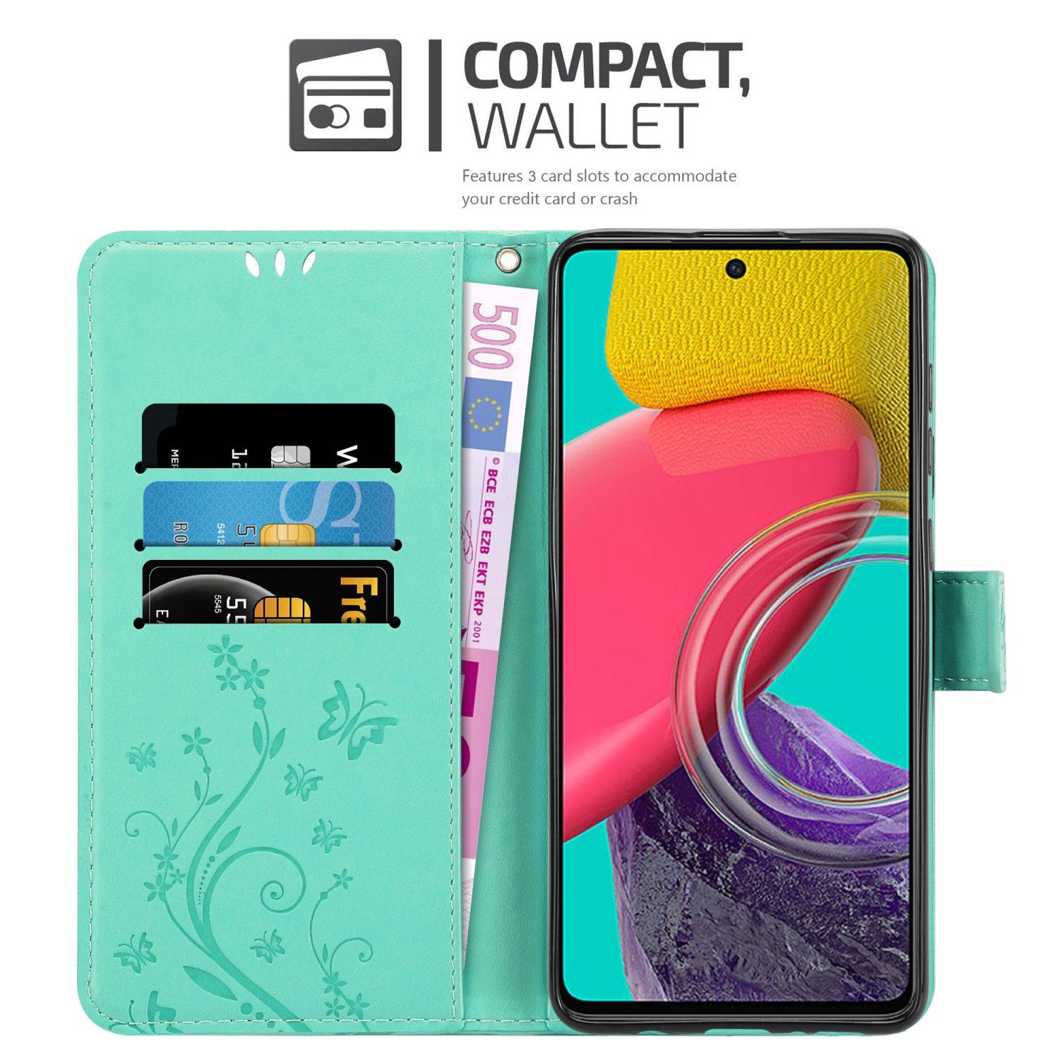 Cadorabo Hülle für Samsung Galaxy M53 5G Schutz Hülle in Türkis Schutzhülle Handy Hülle Etui Case Blumen Flower
