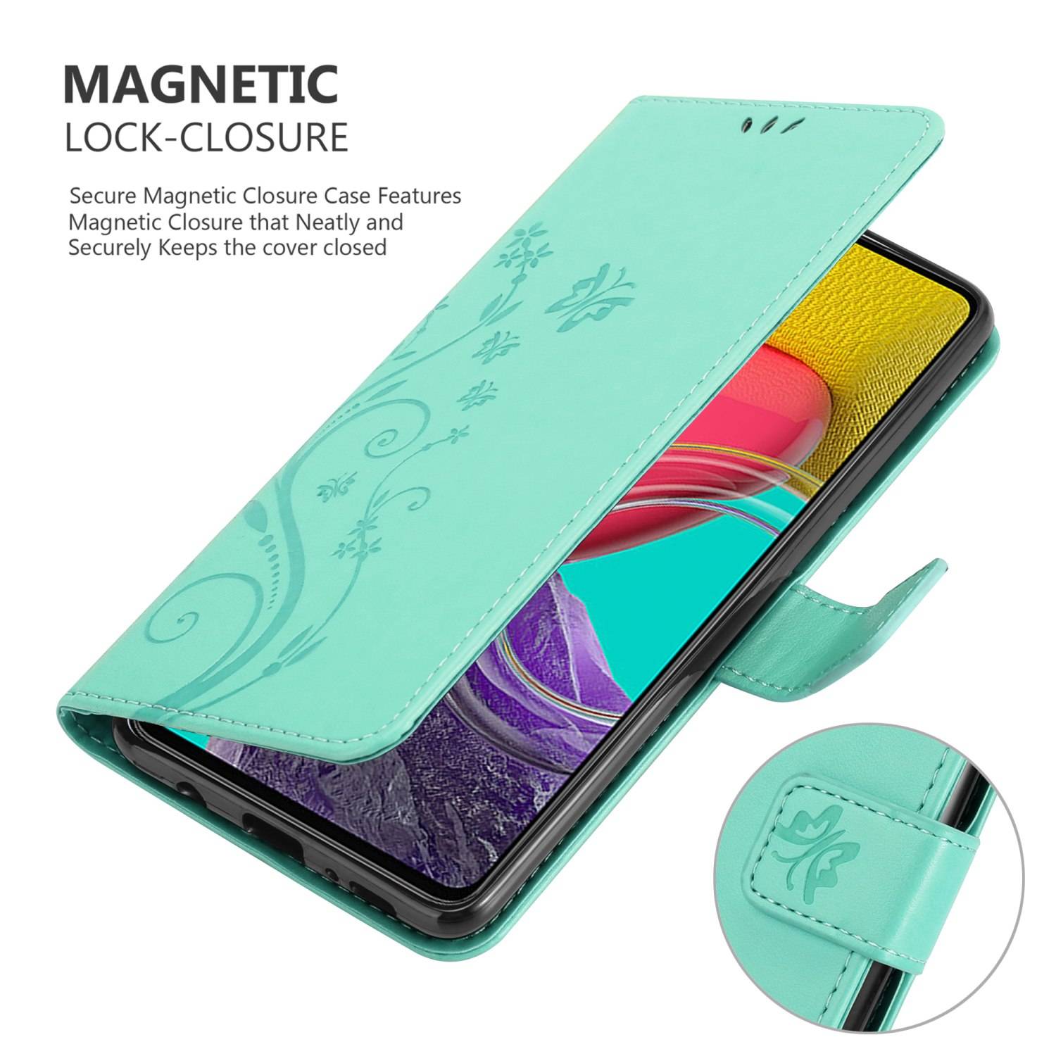 Cadorabo Hülle für Samsung Galaxy M53 5G Schutz Hülle in Türkis Schutzhülle Handy Hülle Etui Case Blumen Flower