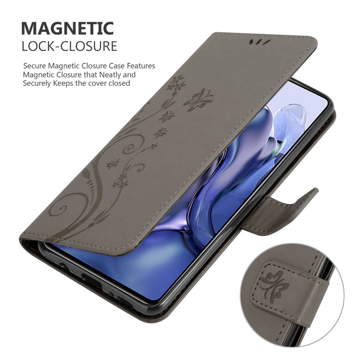 Cadorabo Hülle für Xiaomi 11T / 11T PRO Schutz Hülle in Grau Schutzhülle Handy Hülle Etui Case Blumen Flower