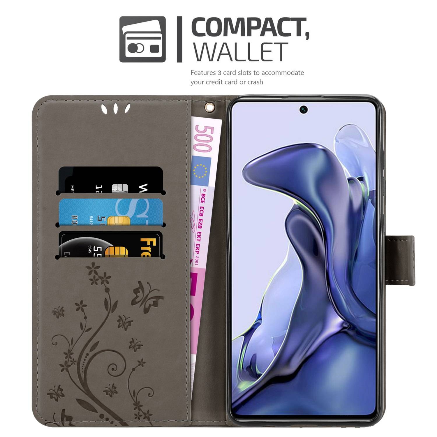 Cadorabo Hülle für Xiaomi 11T / 11T PRO Schutz Hülle in Grau Schutzhülle Handy Hülle Etui Case Blumen Flower