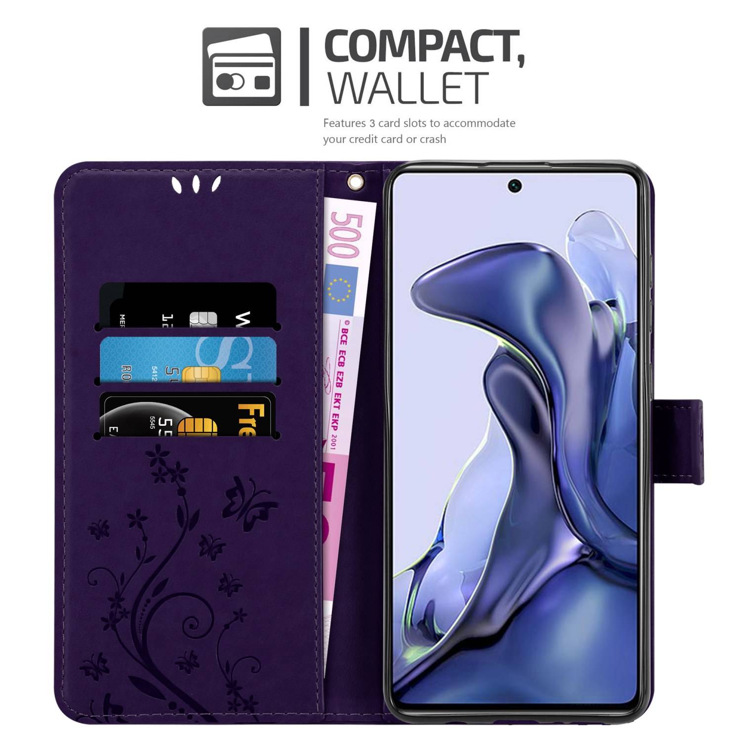 Cadorabo Hülle für Xiaomi 11T / 11T PRO Schutz Hülle in Lila Schutzhülle Handy Hülle Etui Case Blumen Flower