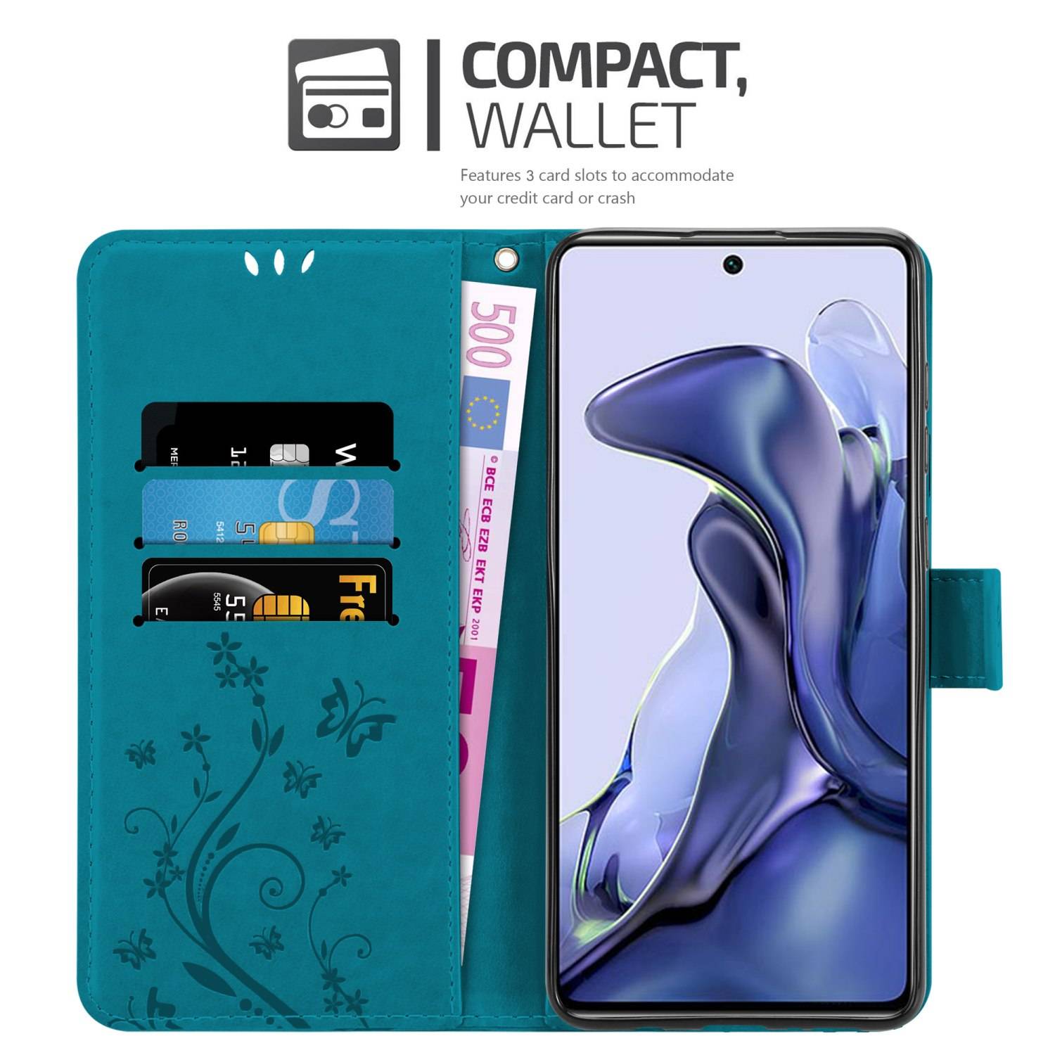Cadorabo Hülle für Xiaomi 11T / 11T PRO Schutz Hülle in Blau Schutzhülle Handy Hülle Etui Case Blumen Flower
