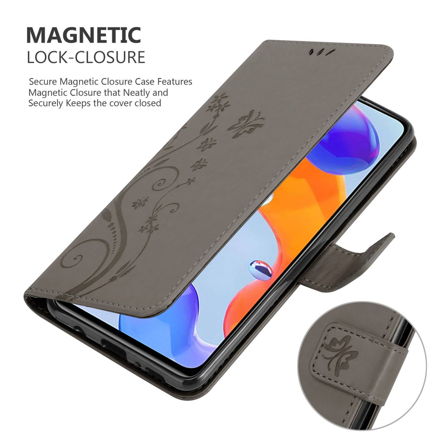 Cadorabo Hülle für Xiaomi RedMi NOTE 11 PRO 4G / 5G Schutz Hülle in Grau Schutzhülle Handy Hülle Etui Case Blumen Flower