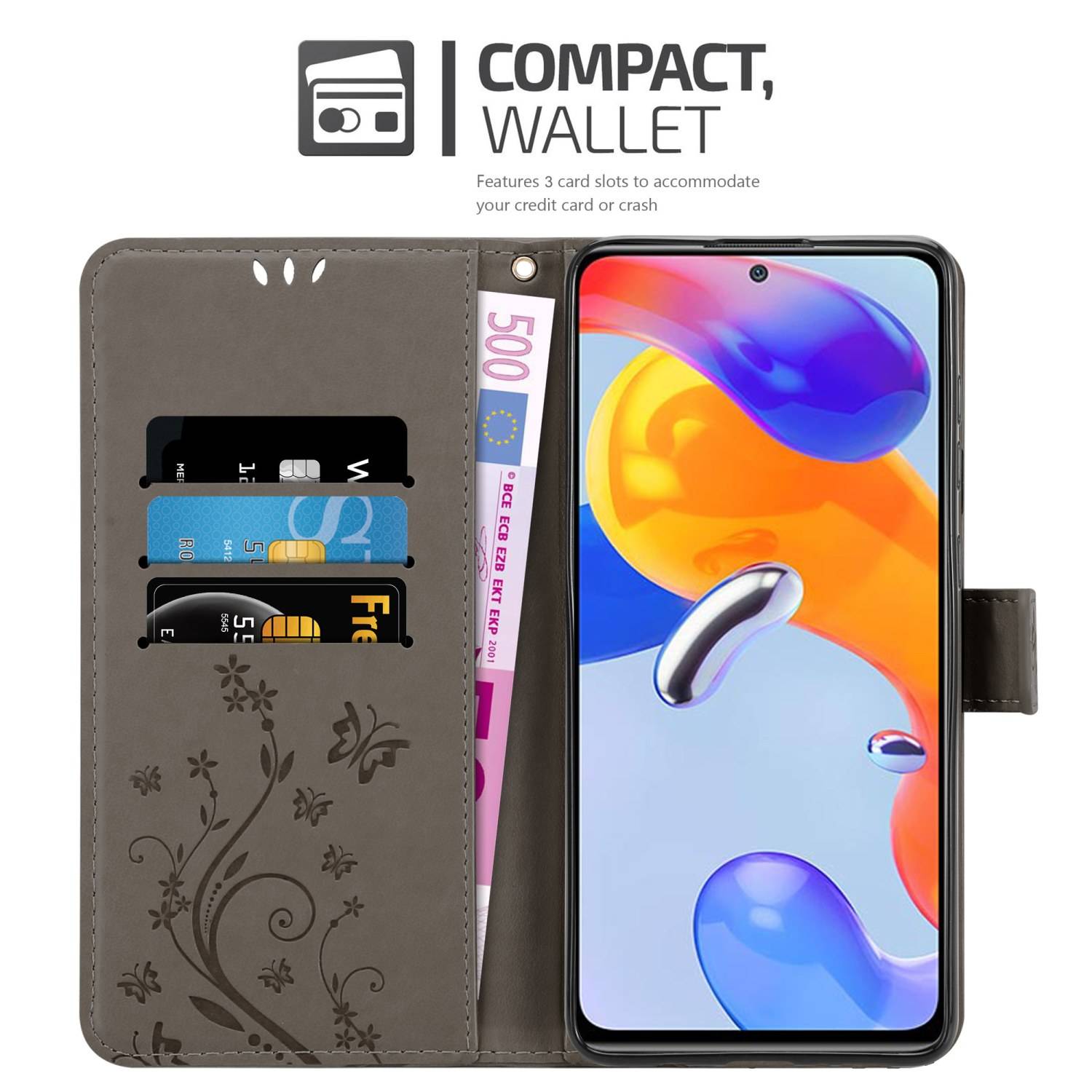 Cadorabo Hülle für Xiaomi RedMi NOTE 11 PRO 4G / 5G Schutz Hülle in Grau Schutzhülle Handy Hülle Etui Case Blumen Flower