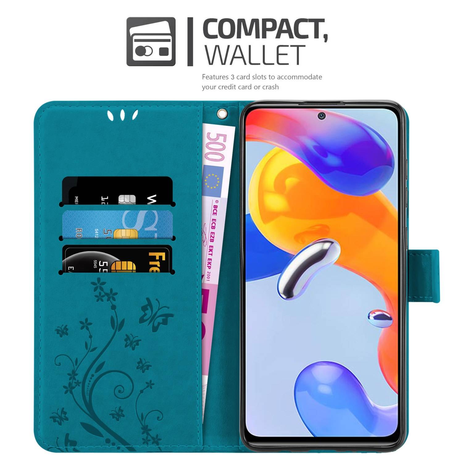 Cadorabo Hülle für Xiaomi RedMi NOTE 11 PRO 4G / 5G Schutz Hülle in Blau Schutzhülle Handy Hülle Etui Case Blumen Flower