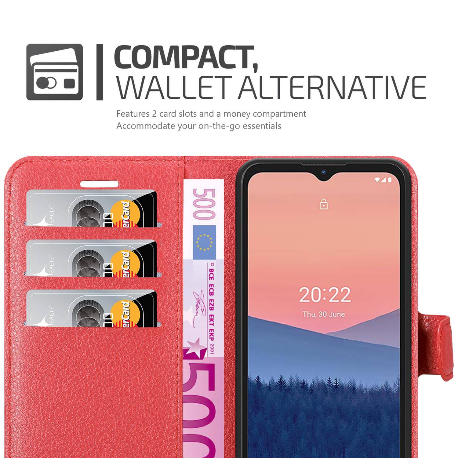 Cadorabo Hülle für Nokia C21 Schutz Hülle in Rot Handyhülle Etui Case Cover Magnetverschluss