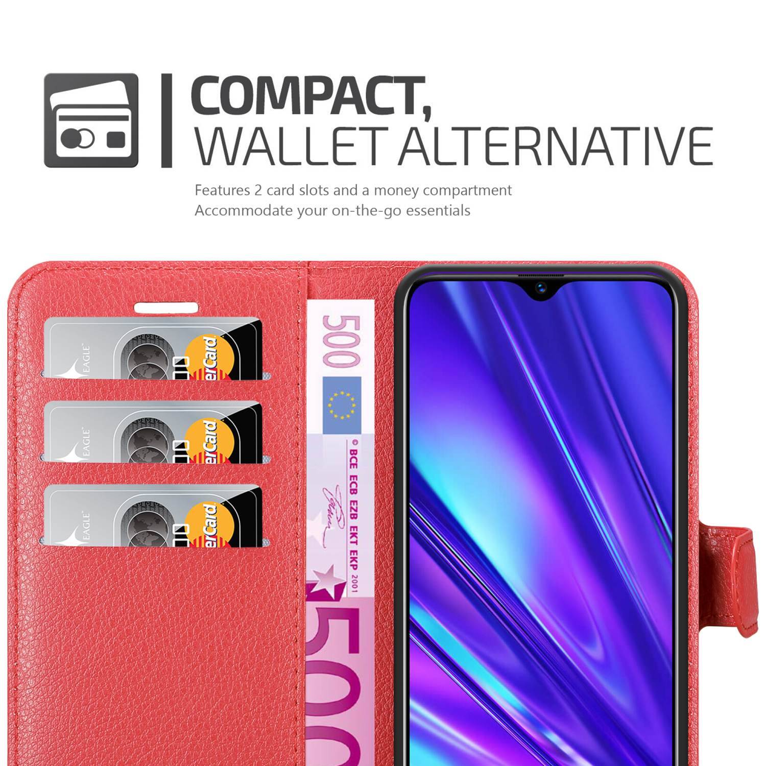 Cadorabo Hülle für Realme 5 / 5i / 6i / C3 Schutz Hülle in Rot Handyhülle Etui Case Cover Magnetverschluss