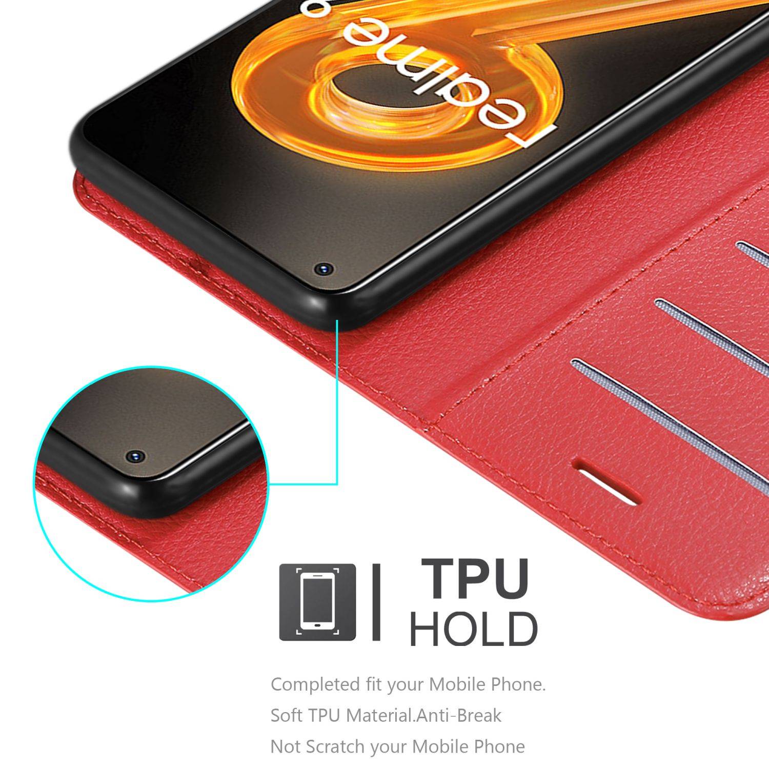 Cadorabo Hülle für Realme 9 4G / 9 PRO+ Schutz Hülle in Rot Handyhülle Etui Case Cover Magnetverschluss